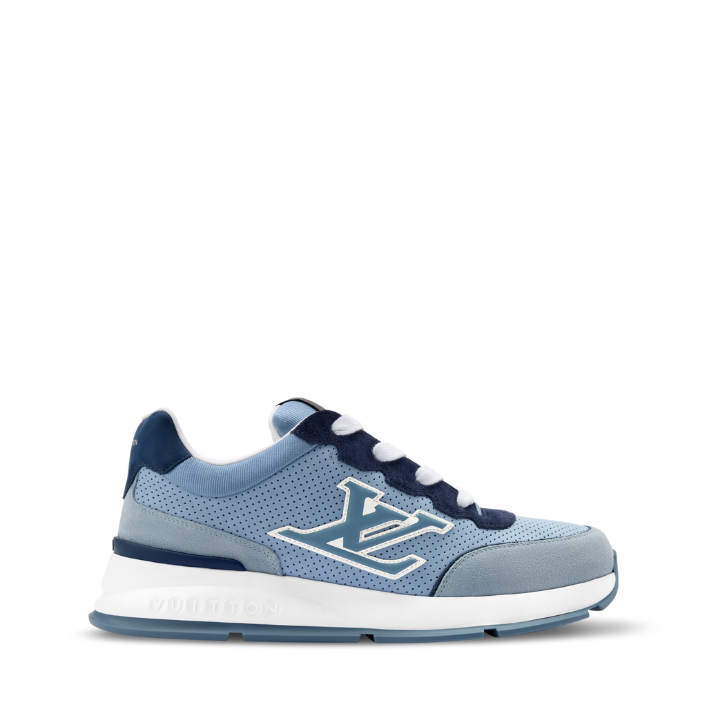 Light blue low-top lace-up sneakers with LV side logo and navy accents