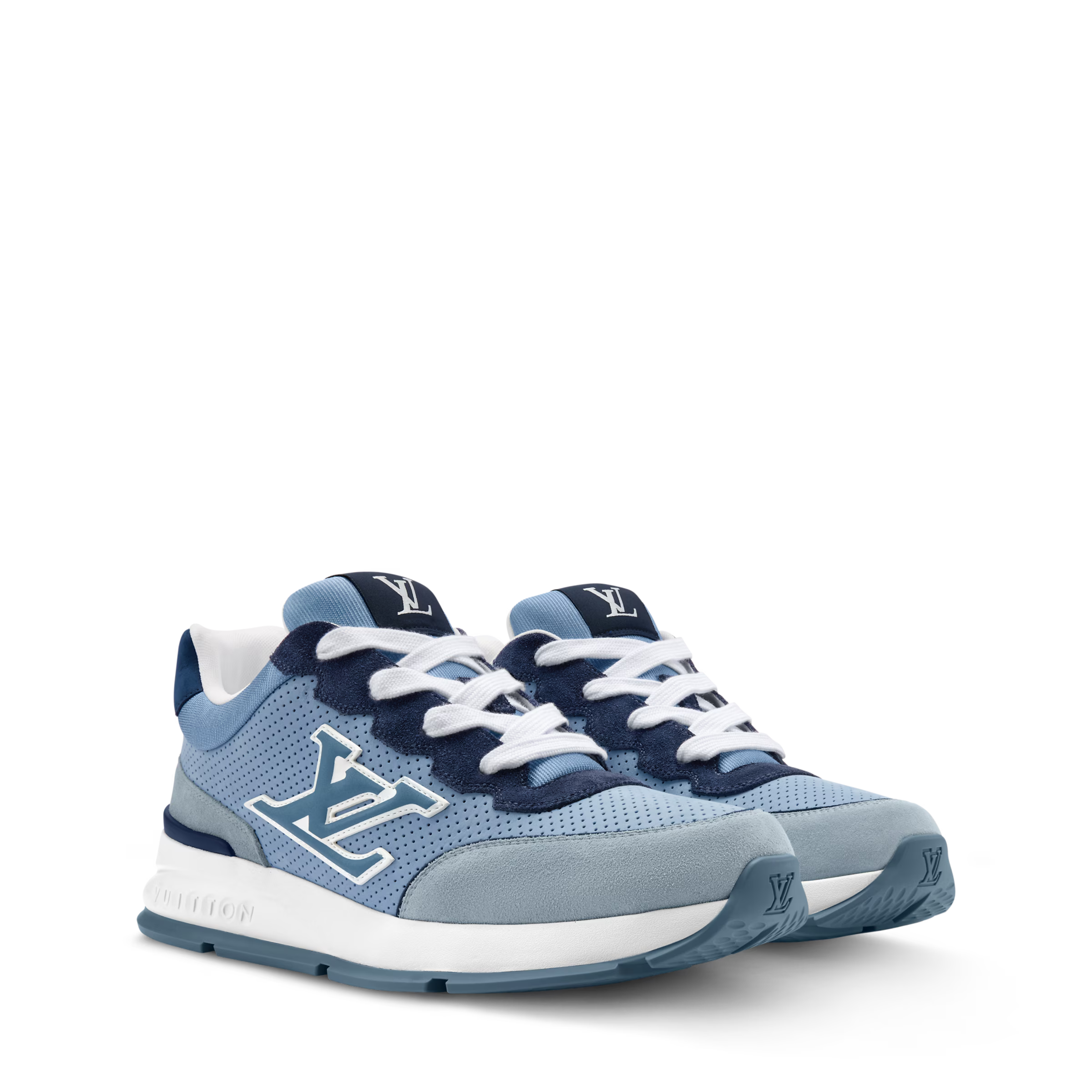 Blue and navy low-top lace-up sneakers with LV logo side and white rubber sole
