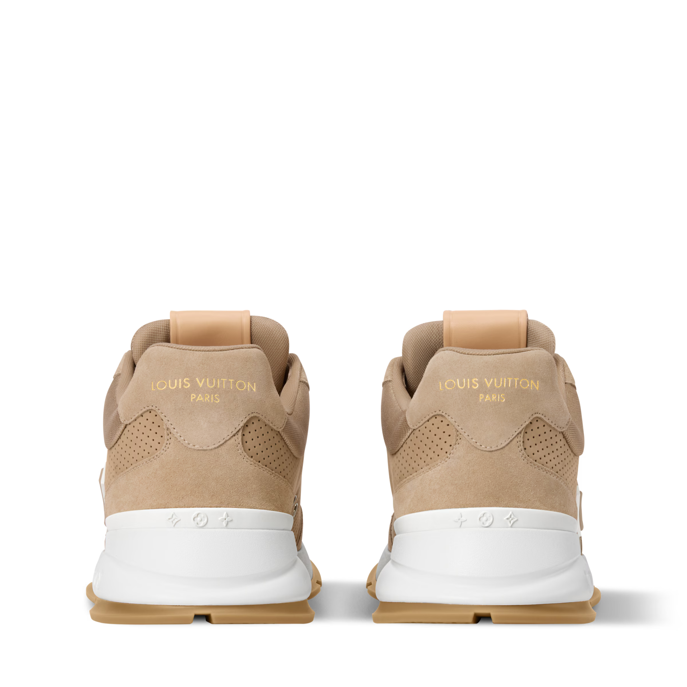 Beige sneakers shown from heel with branding and perforated side panels