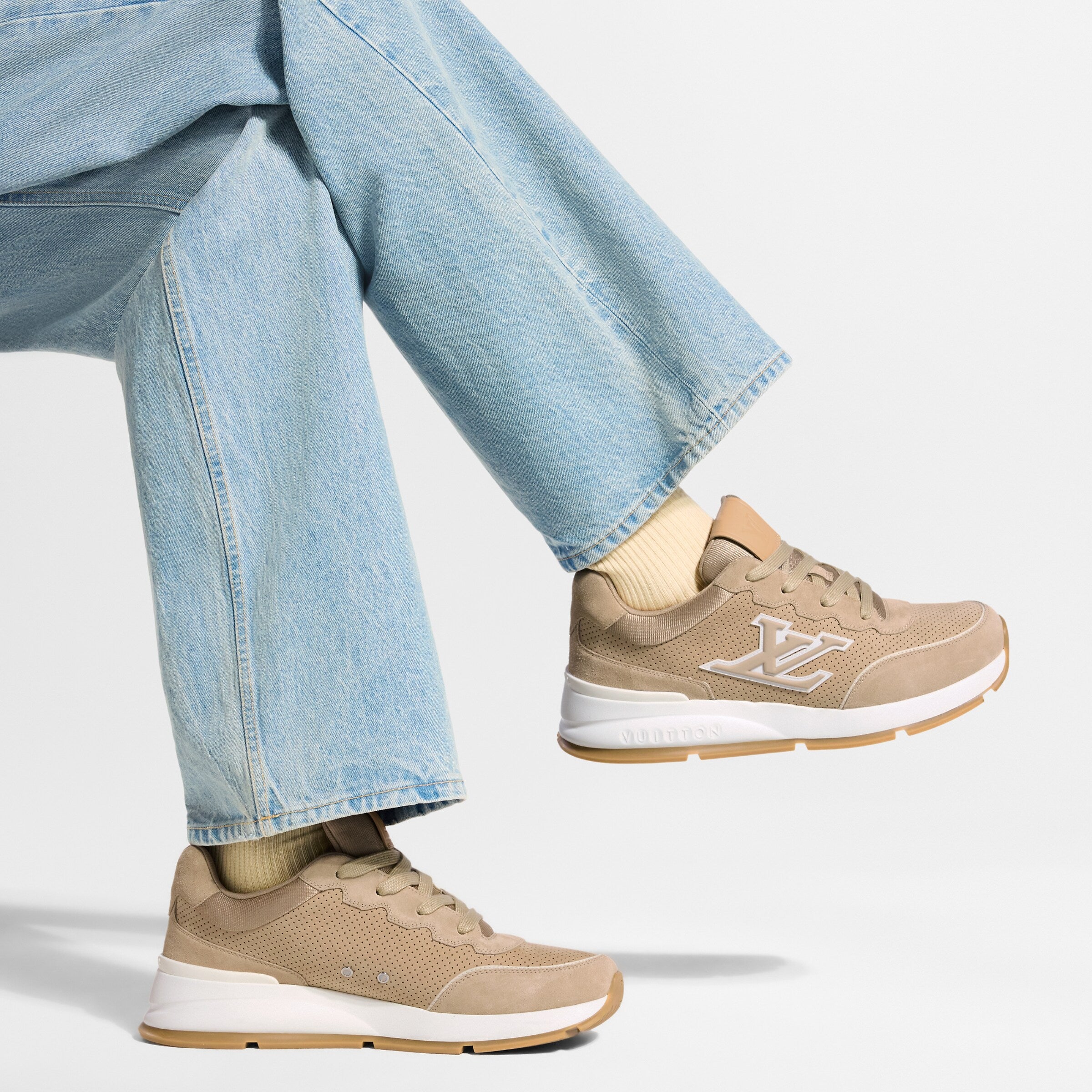 Tan lace-up sneakers with LV monogram and white sole