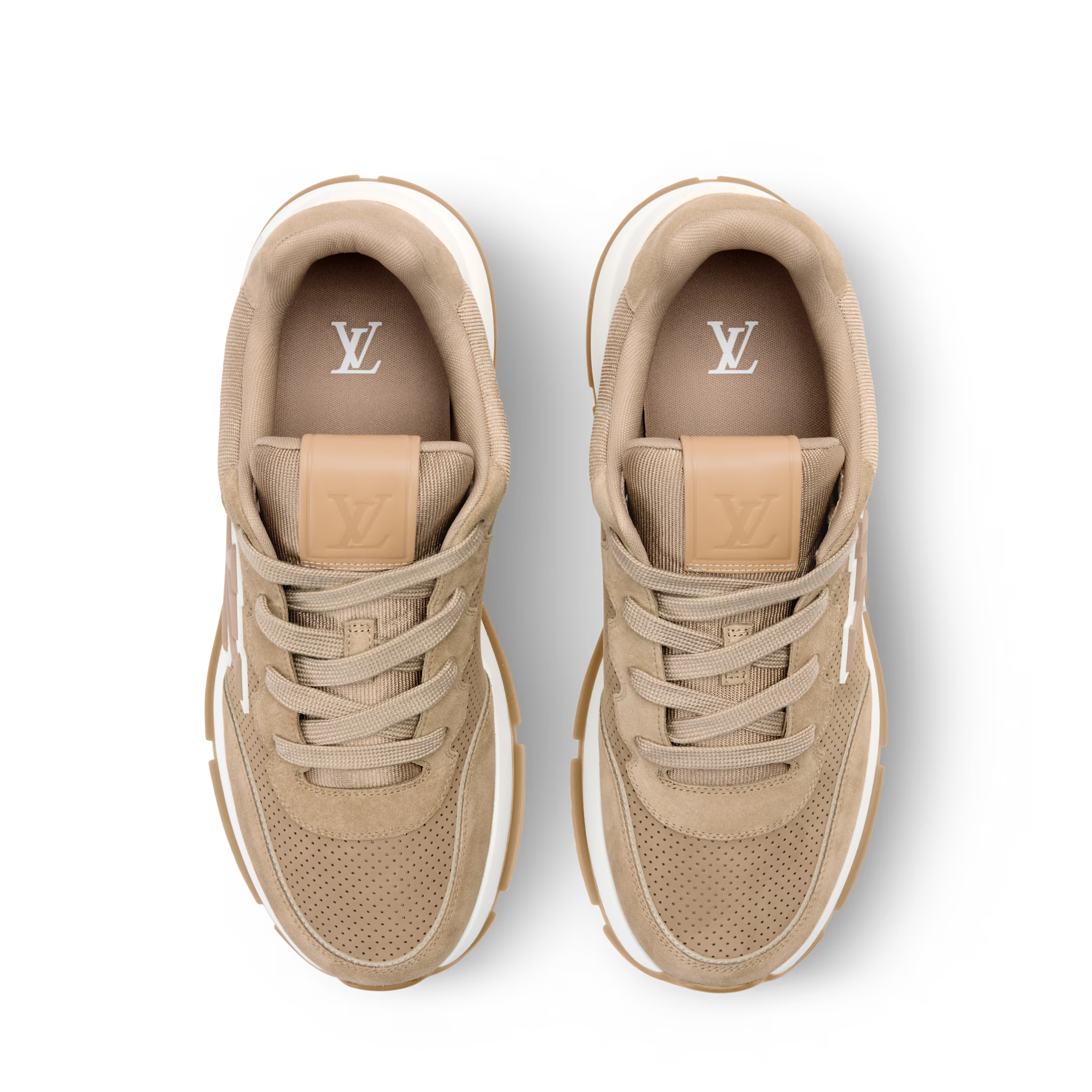 Beige lace-up sneakers with LV logo on tongue and inner lining