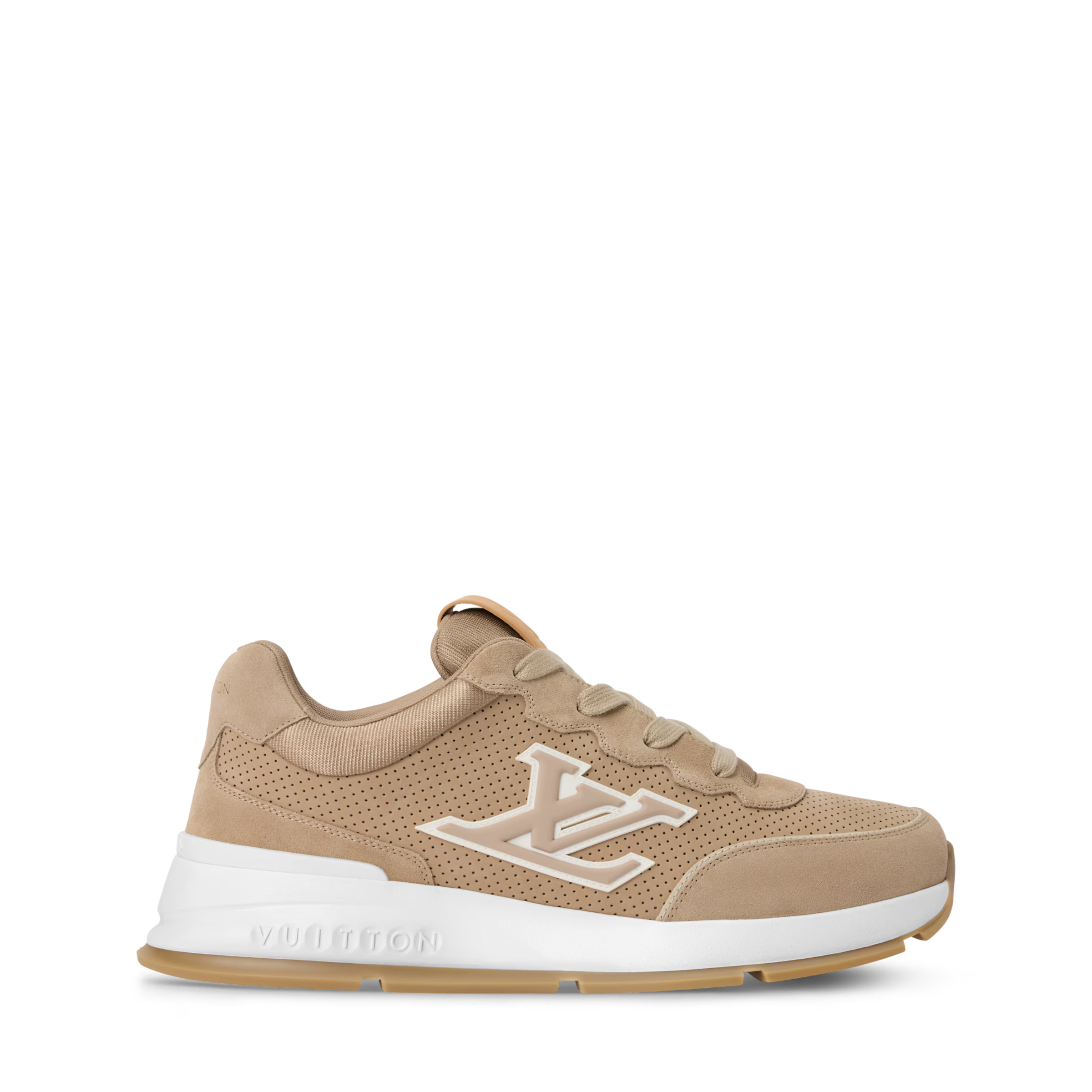 Beige lace-up sneakers with LV monogram emblem and textured side panels