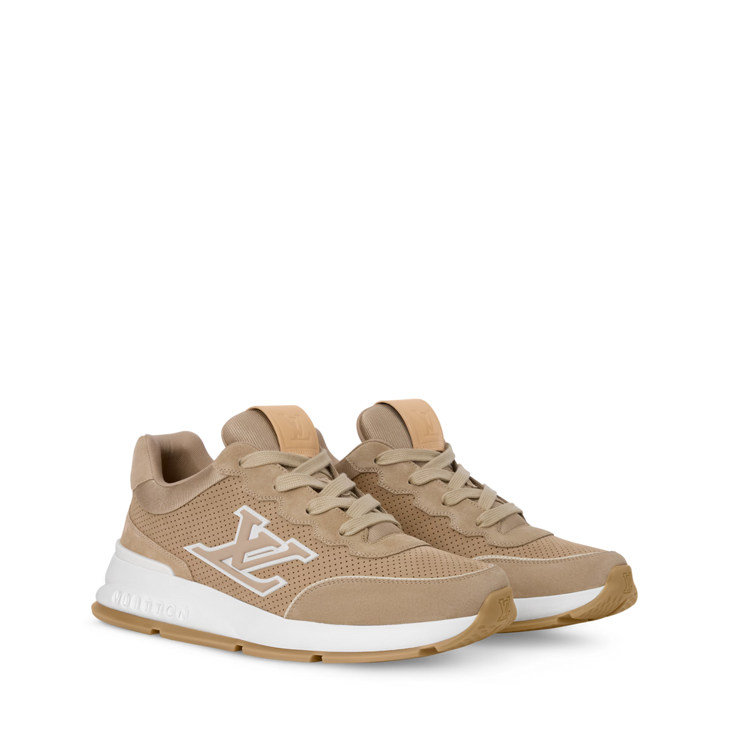 Beige lace-up low-top sneakers with LV monogram and white sole