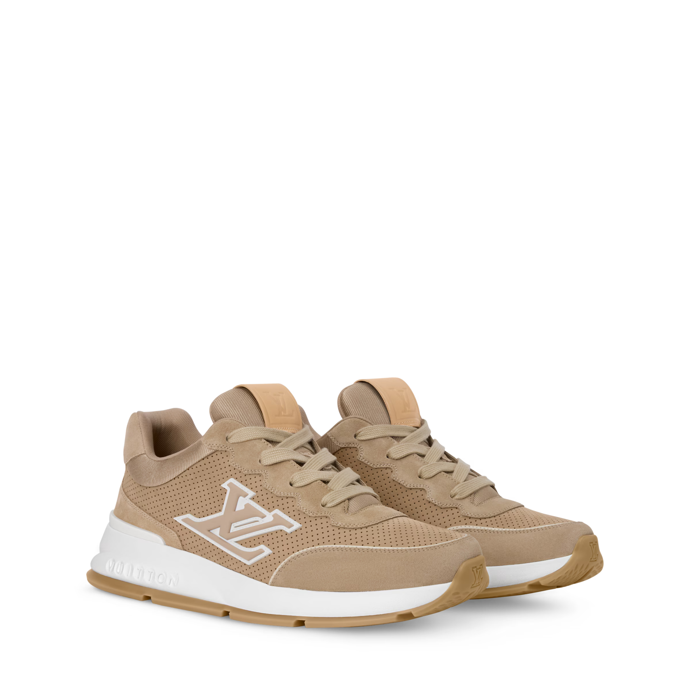 Beige lace-up low-top sneakers with LV monogram and white sole