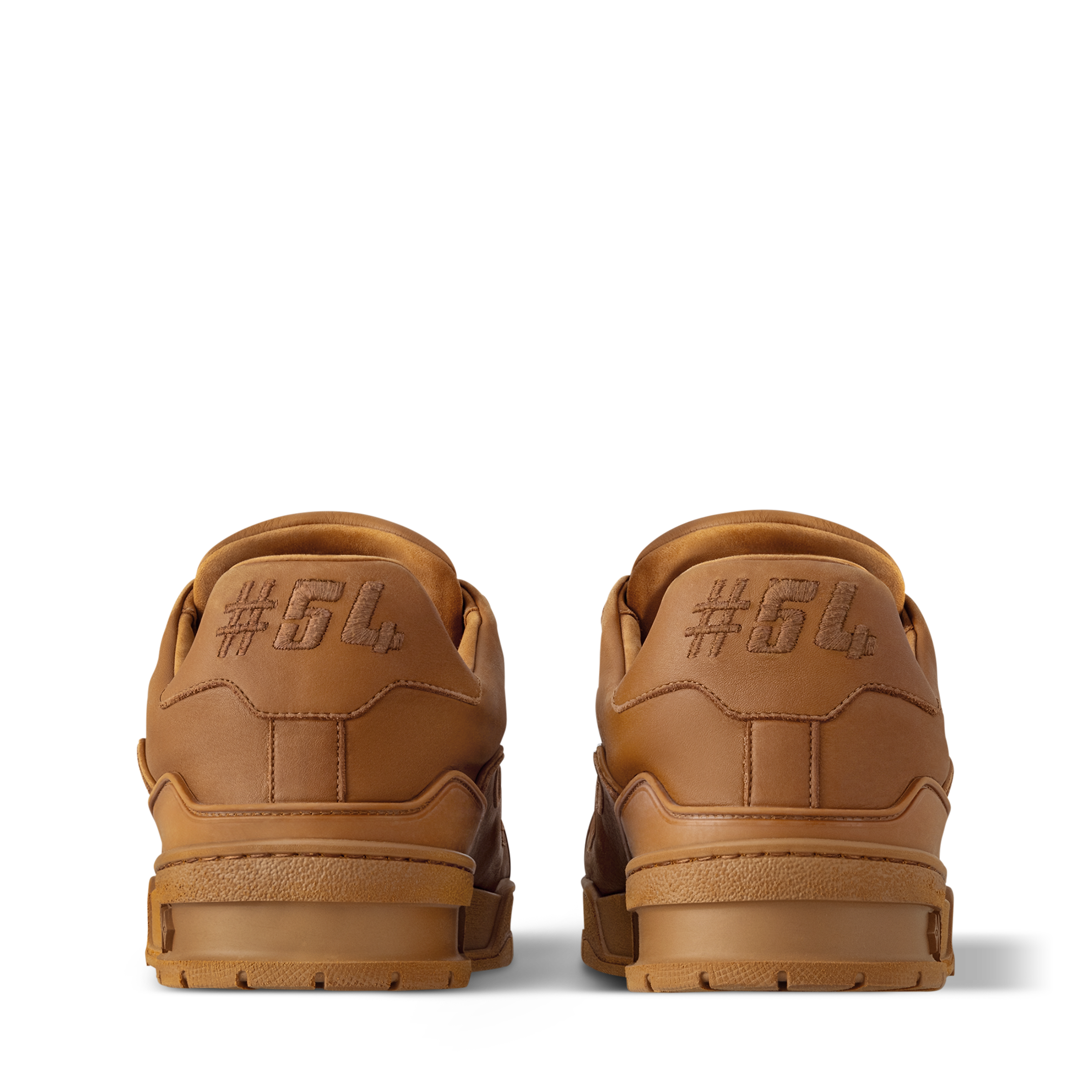 LV Trainer sneaker pair, tan heel view with embossed back branding and lace loops