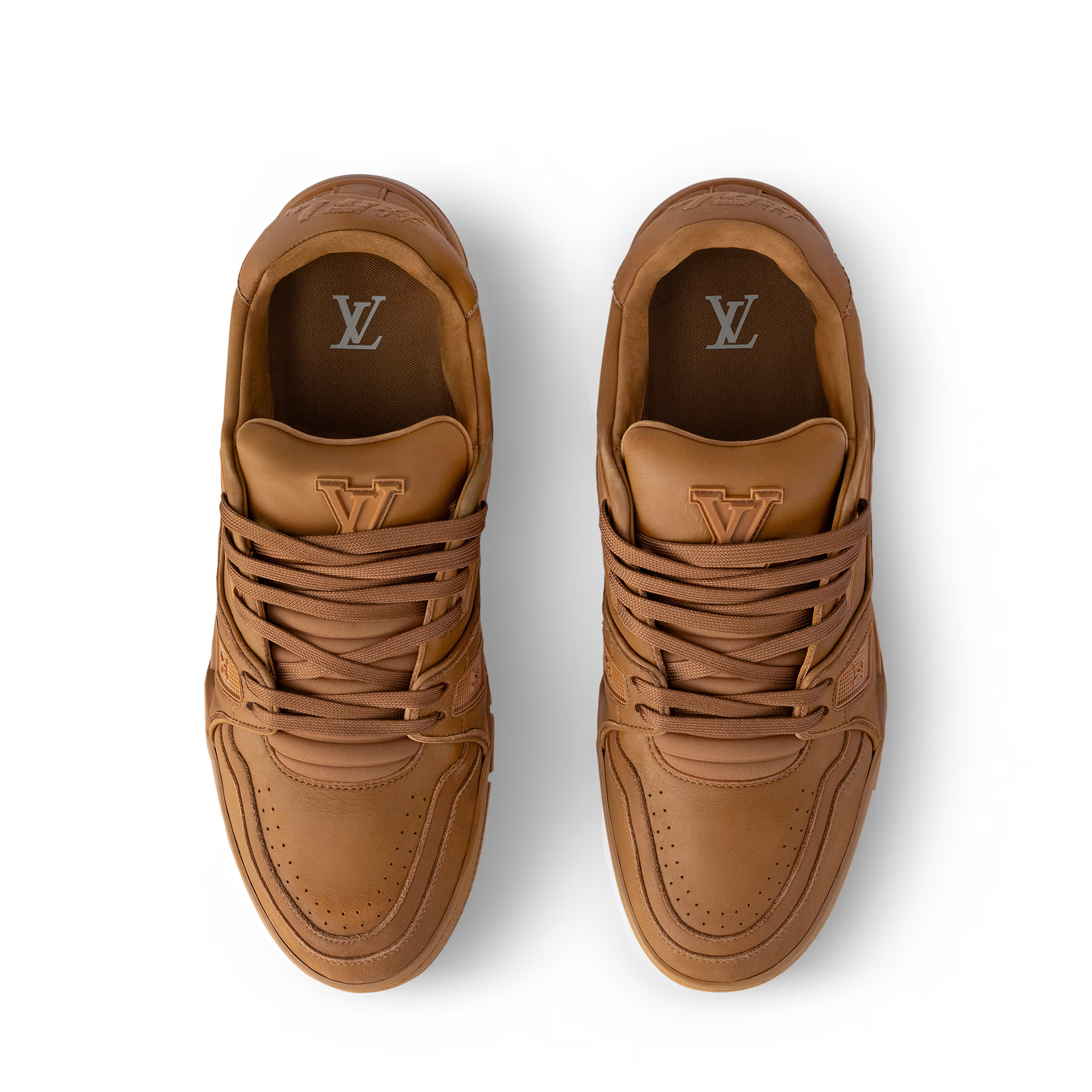 LV Trainer sneaker pair, tan with lace-up front and LV monogram on tongue and heel