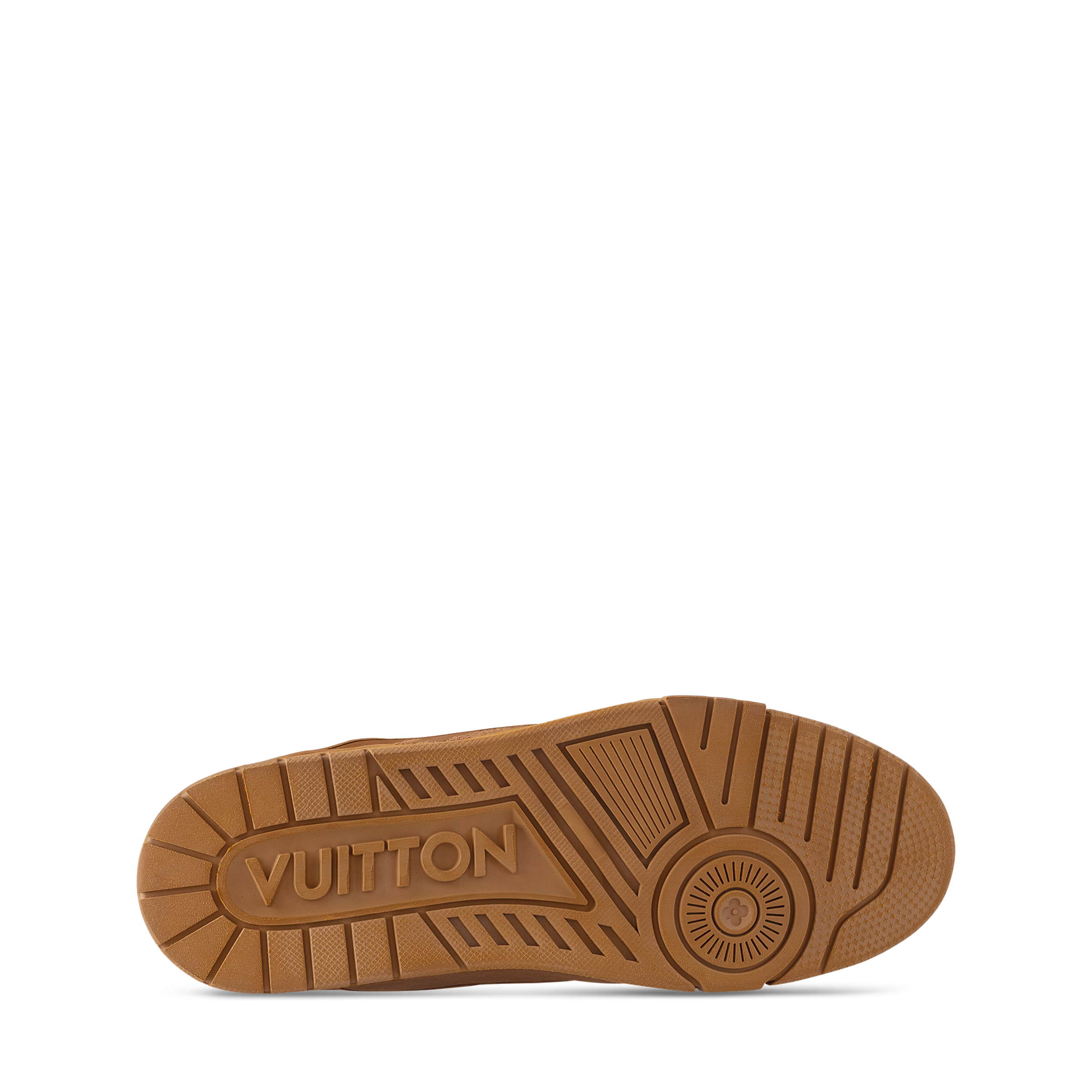 LV Trainer outsole, tan rubber tread with 'VUITTON' logo stamp