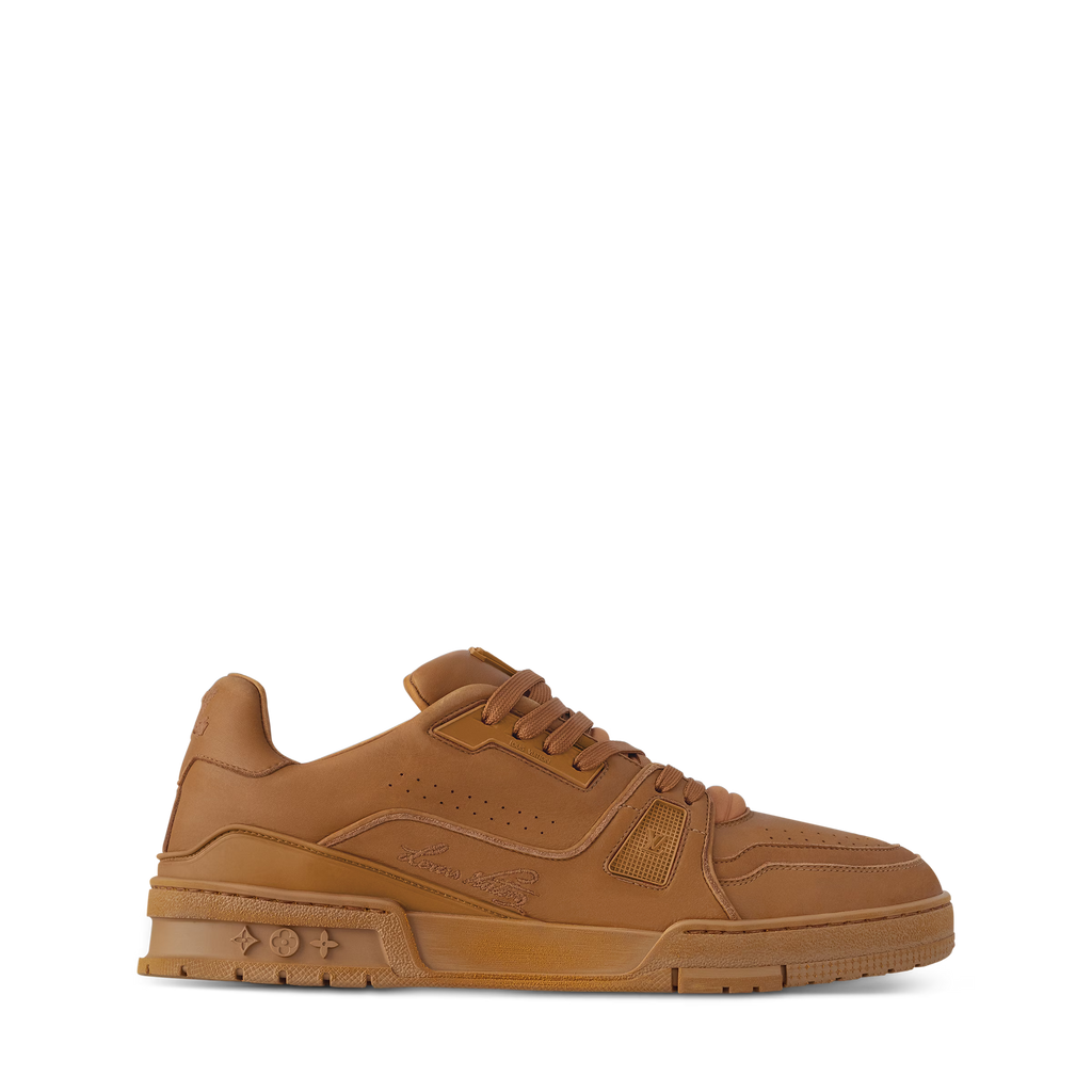 LV Trainer low-top sneaker, tan upper with lace-up front and stitched paneling