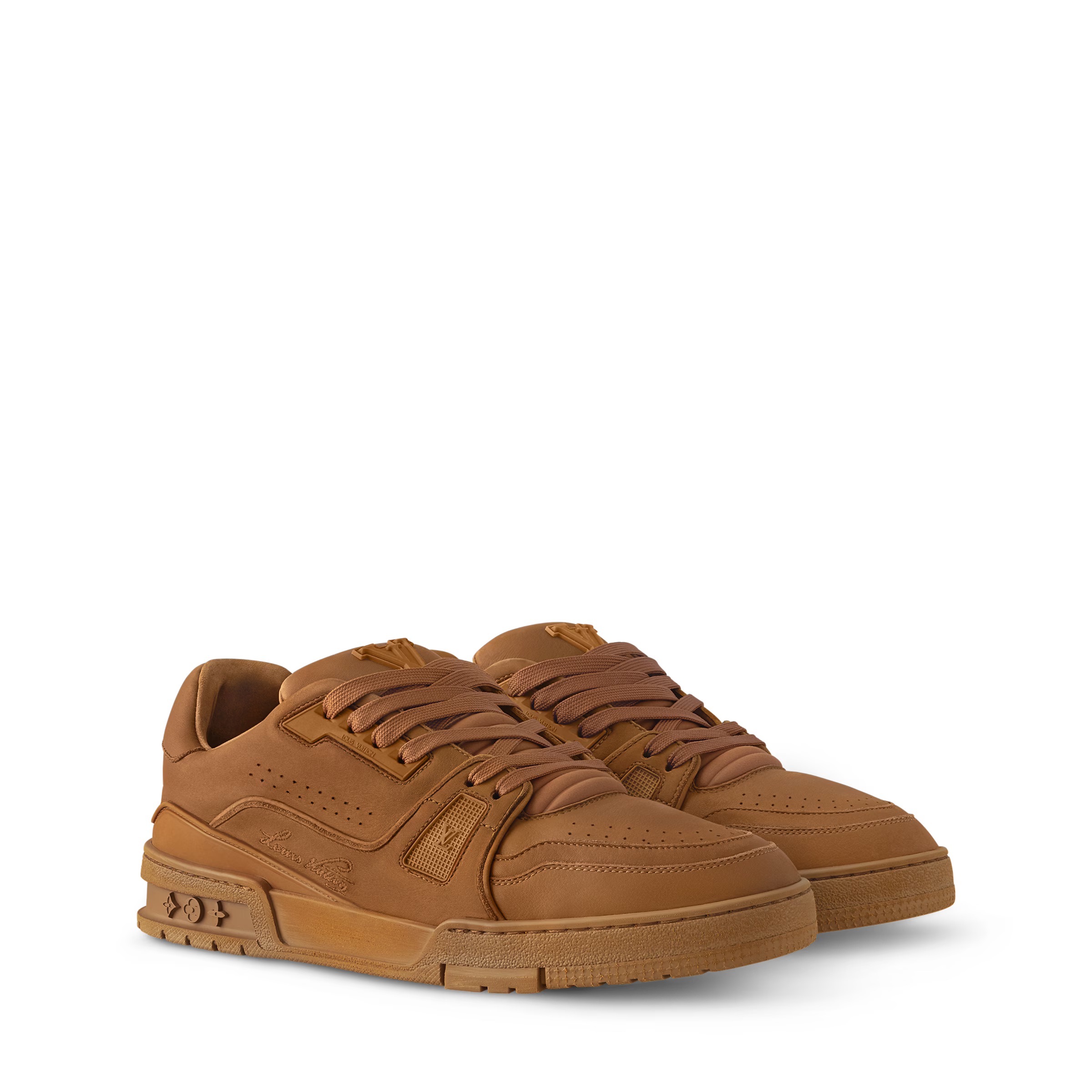 LV Trainer sneaker in tan suede, lace-up with cushioned sole and side logo details