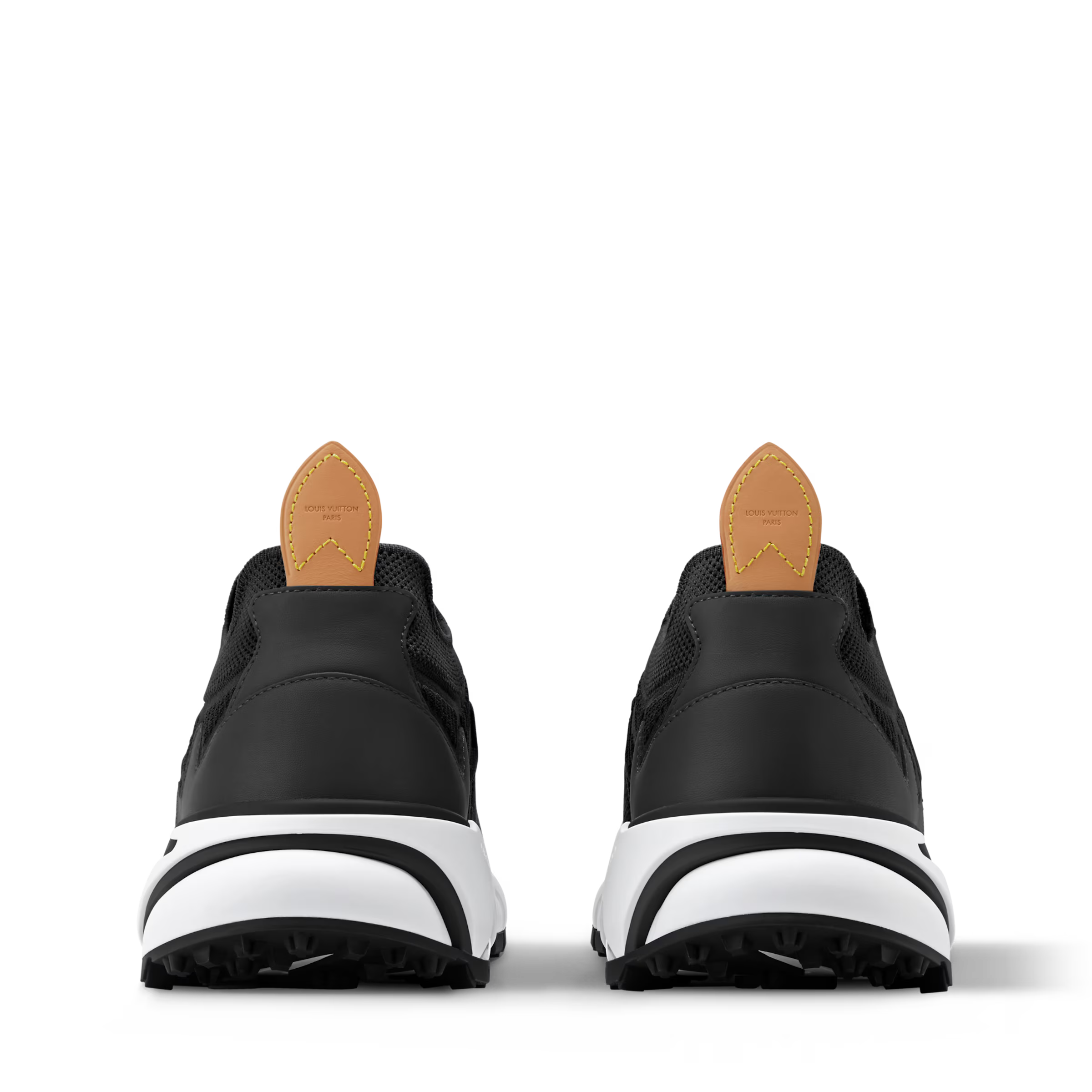 Black high-top trainer with tan heel tab, white midsole, and rear pull-on collar