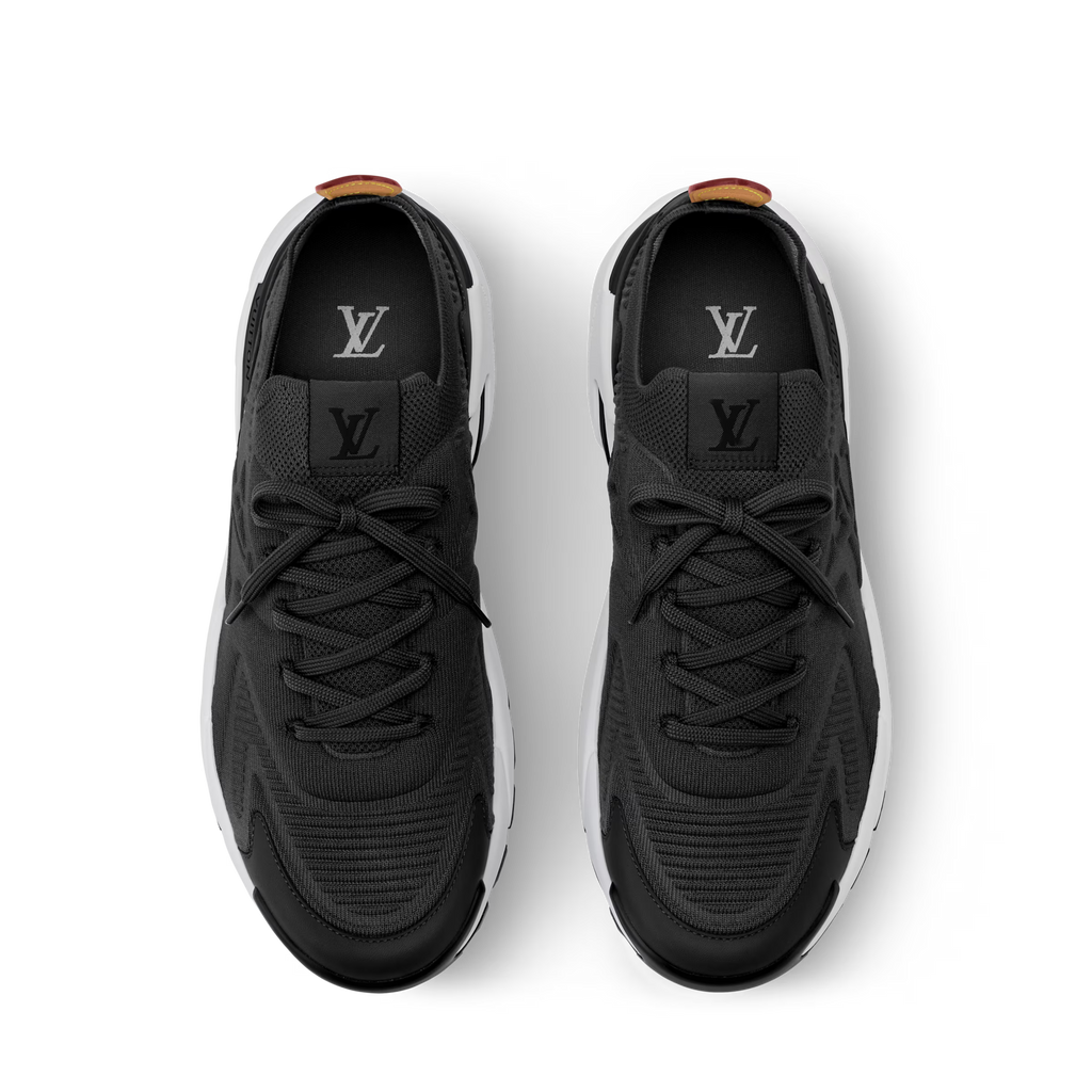 Black lace-up trainer with LV logo on tongue and cushioned white sole trim