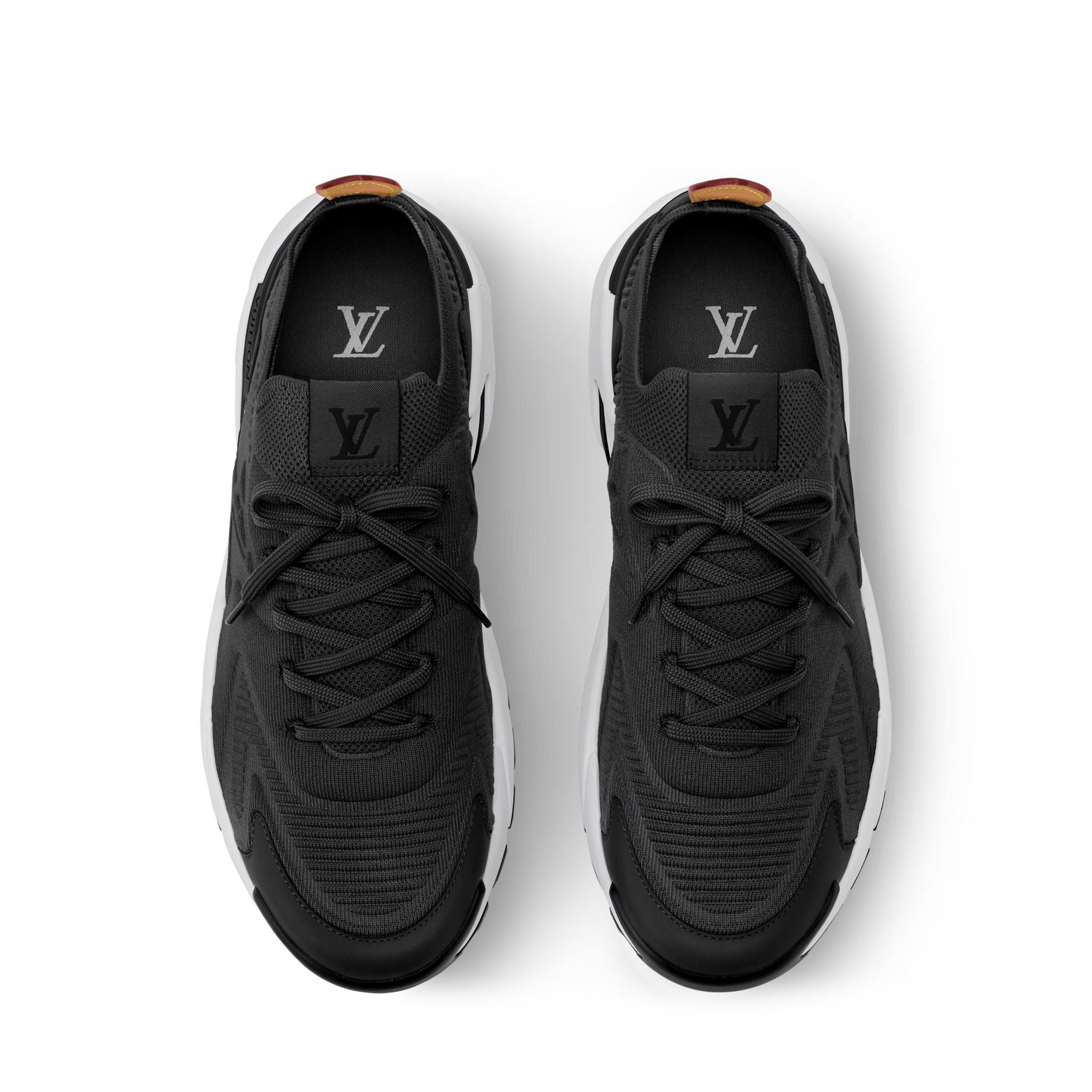 Black lace-up trainer with LV logo on tongue and cushioned white sole trim