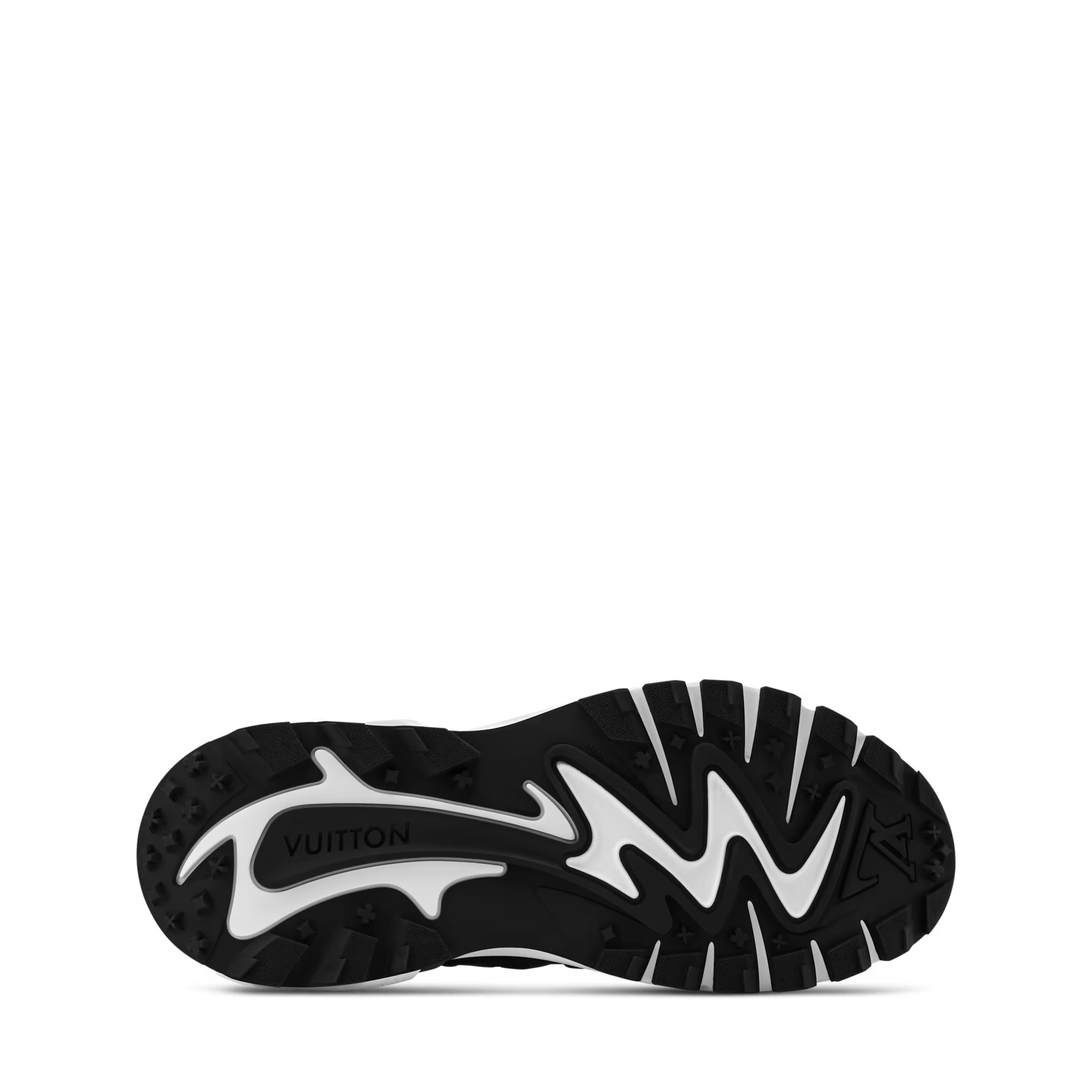 Black rubber outsole with zigzag tread and LV mark on the heel