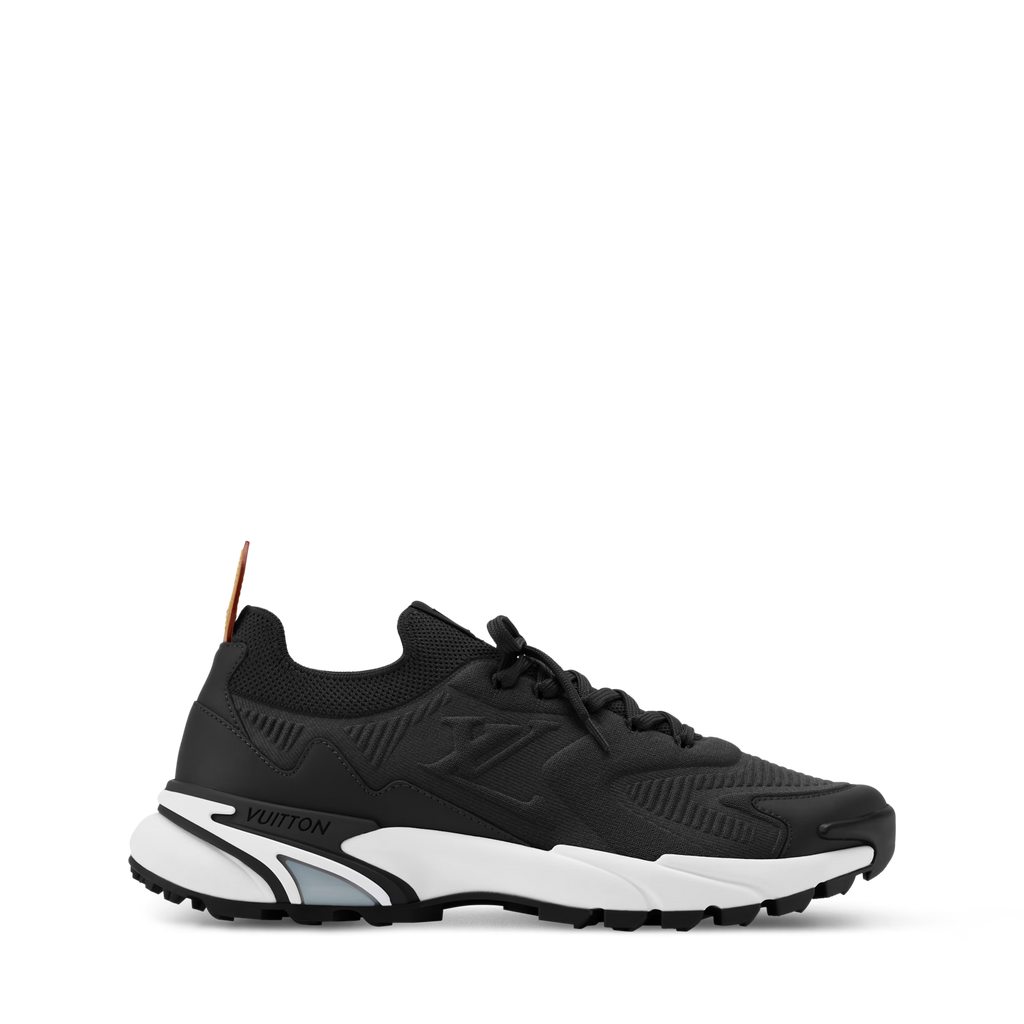 Black runner sneaker with white stripe midsole and LV embossed side panel