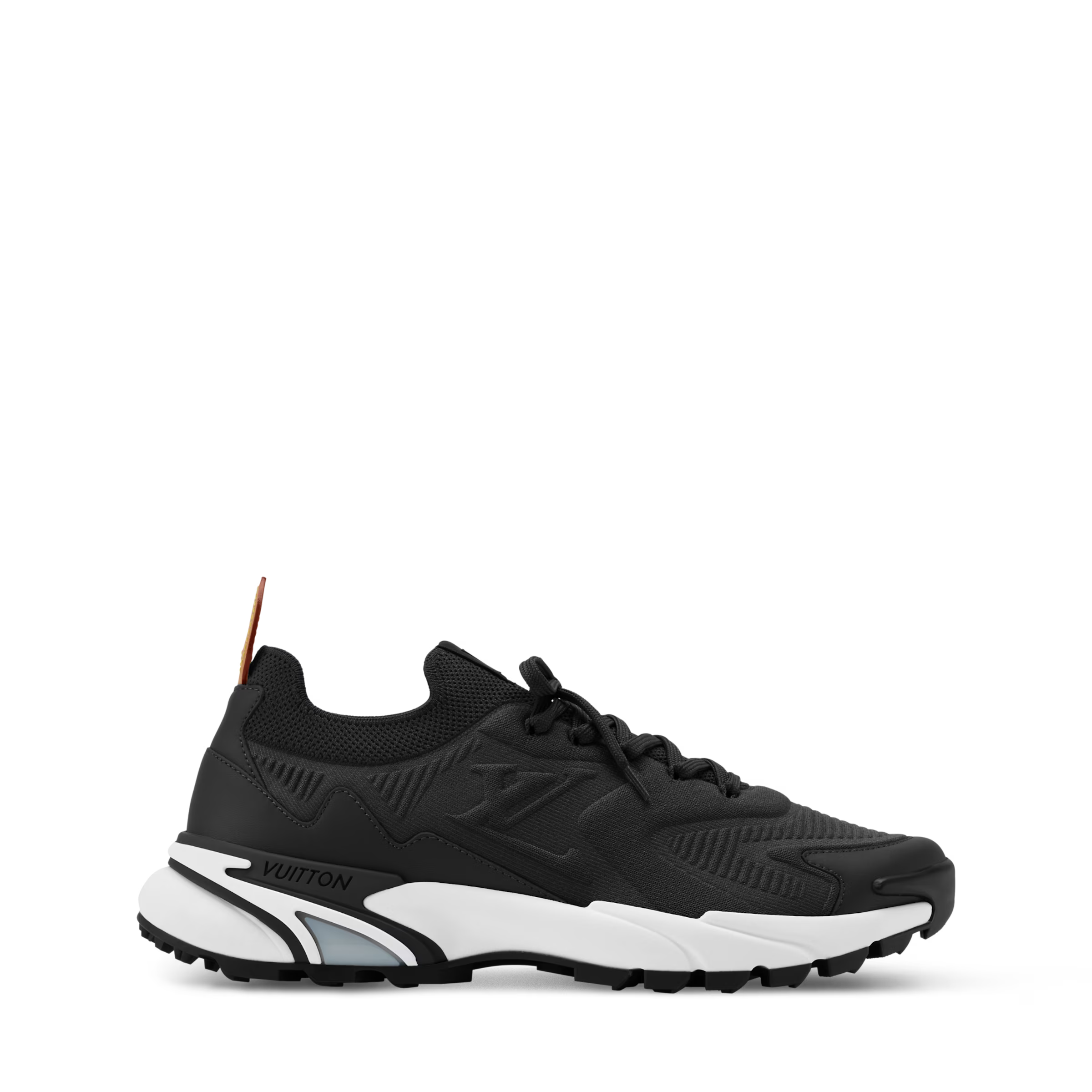 Black runner sneaker with white stripe midsole and LV embossed side panel