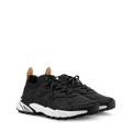 Black running sneaker with textured upper, black laces, and white midsole detail