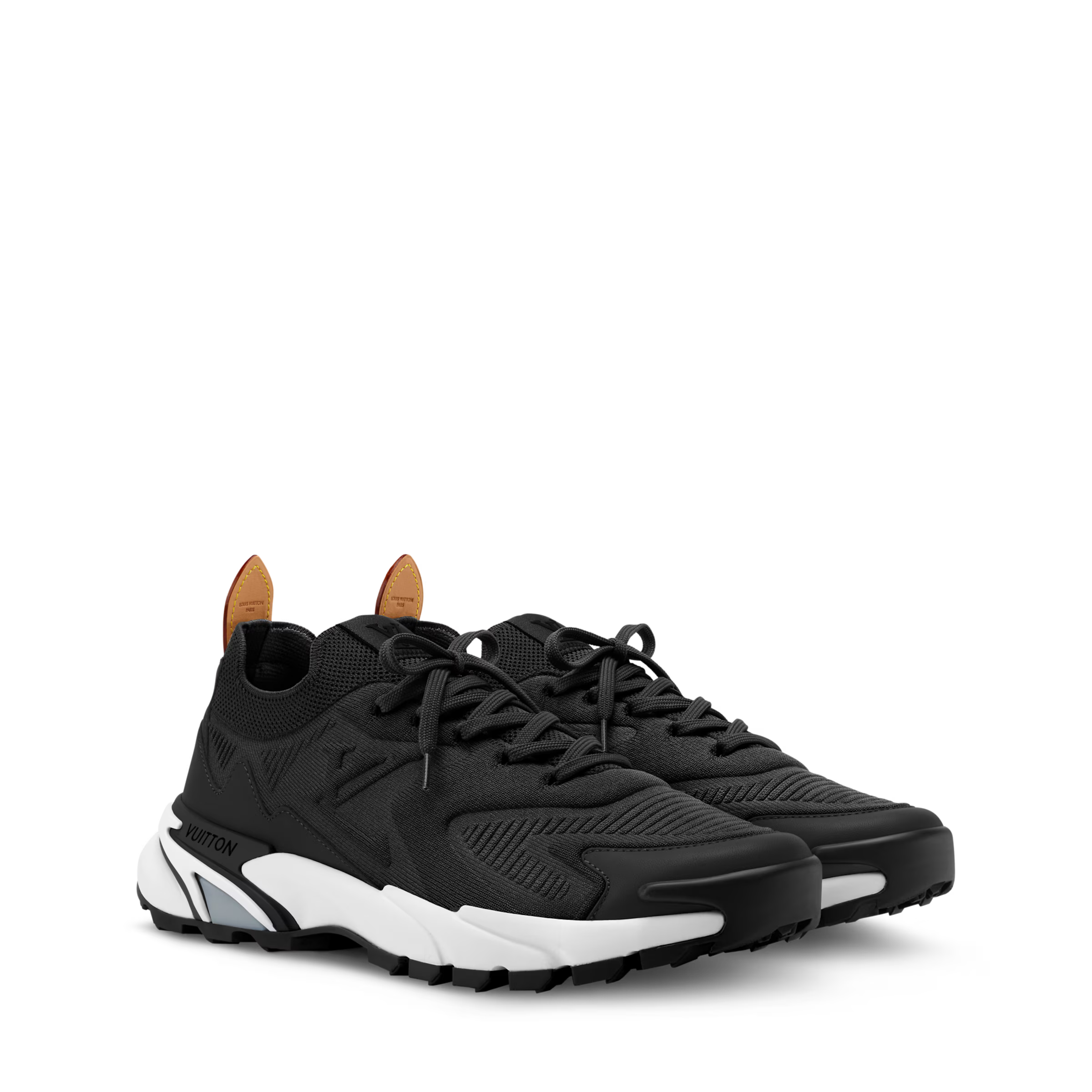 Black running sneaker with textured upper, black laces, and white midsole detail