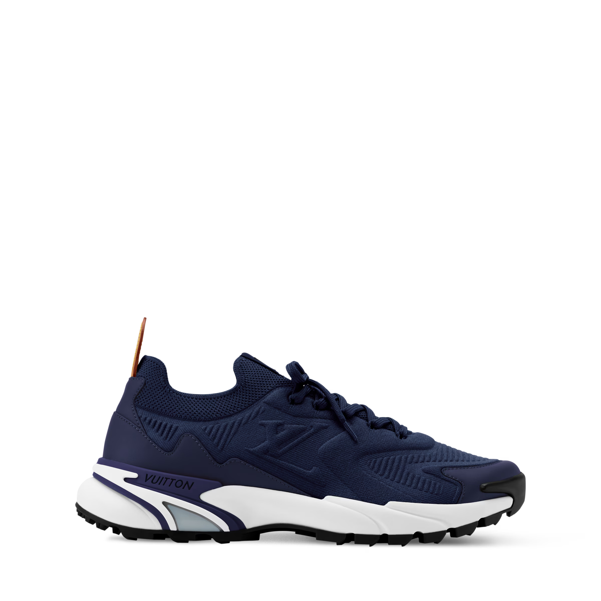 Louis Vuitton navy lace-up runner sneakers with textured side panels and white sole