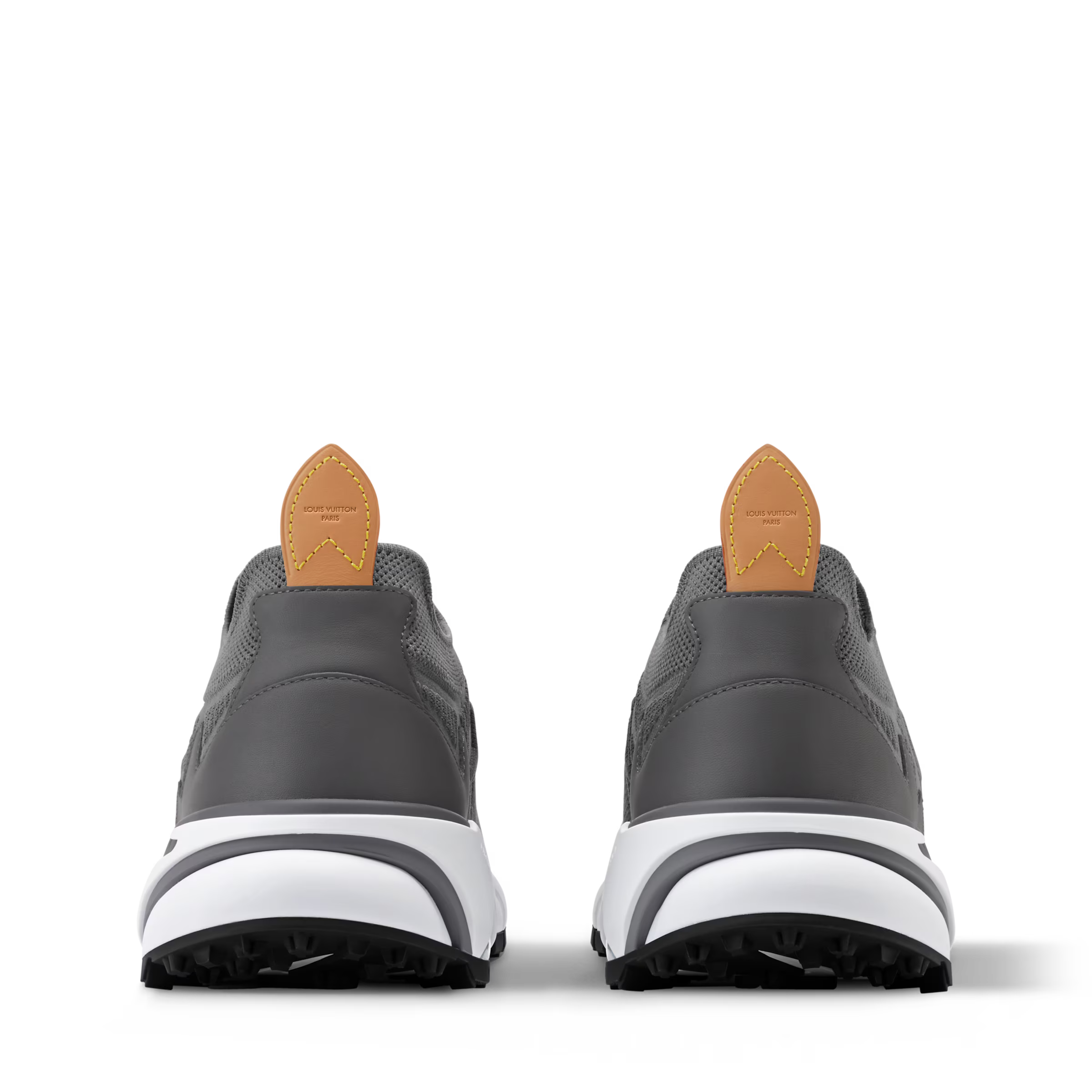 Grey lace-up sneakers with white midsole and pull-tab at heel