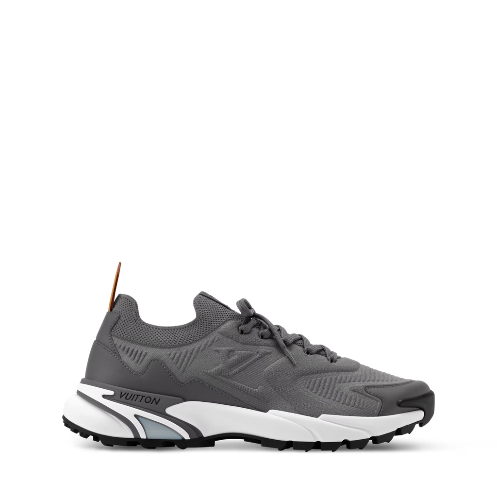 Grey LV runner sneakers with embossed side pattern and white sole