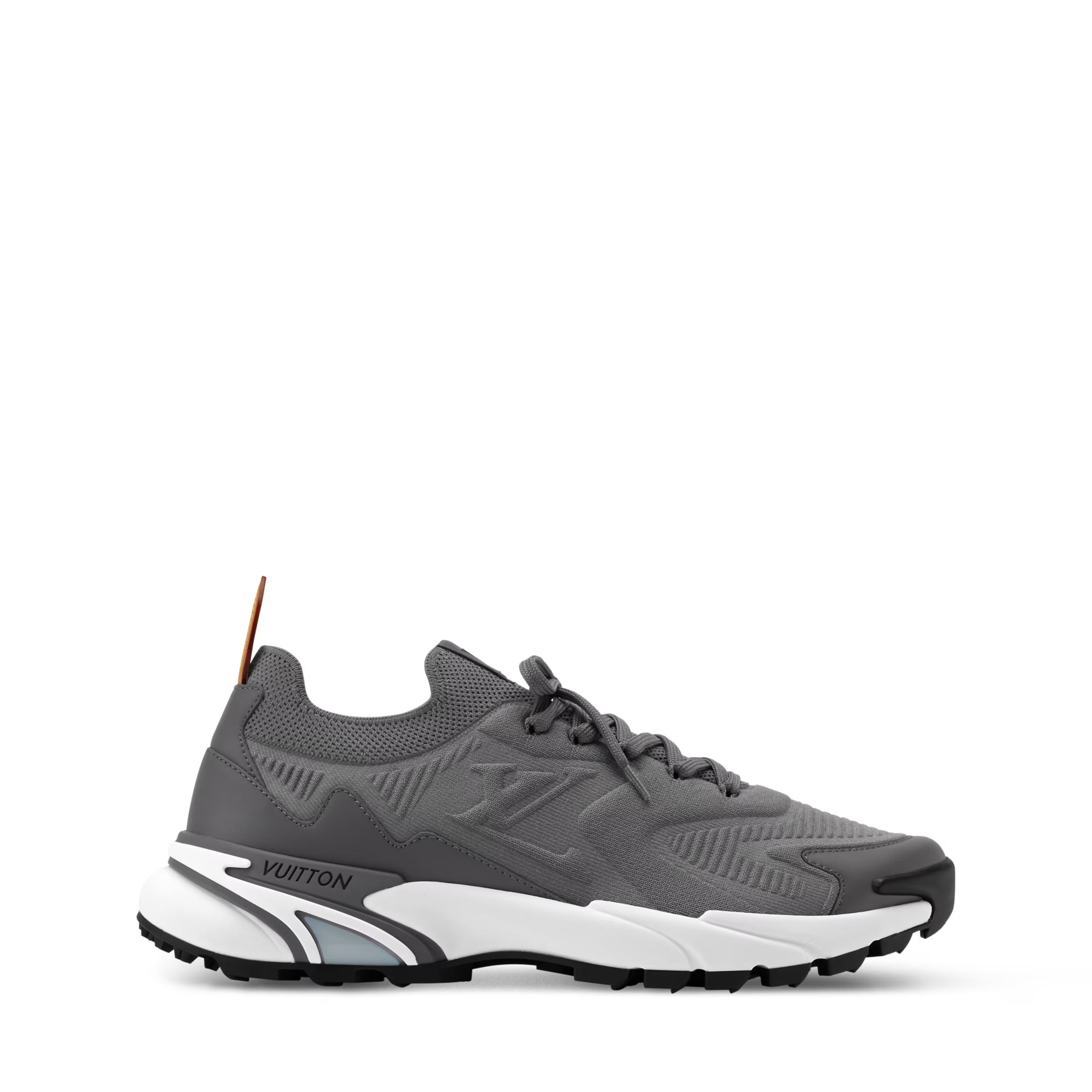 Grey LV runner sneakers with embossed side pattern and white sole