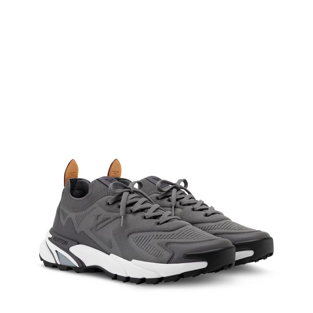 Grey lace-up runner sneakers with white sole and dark outsole