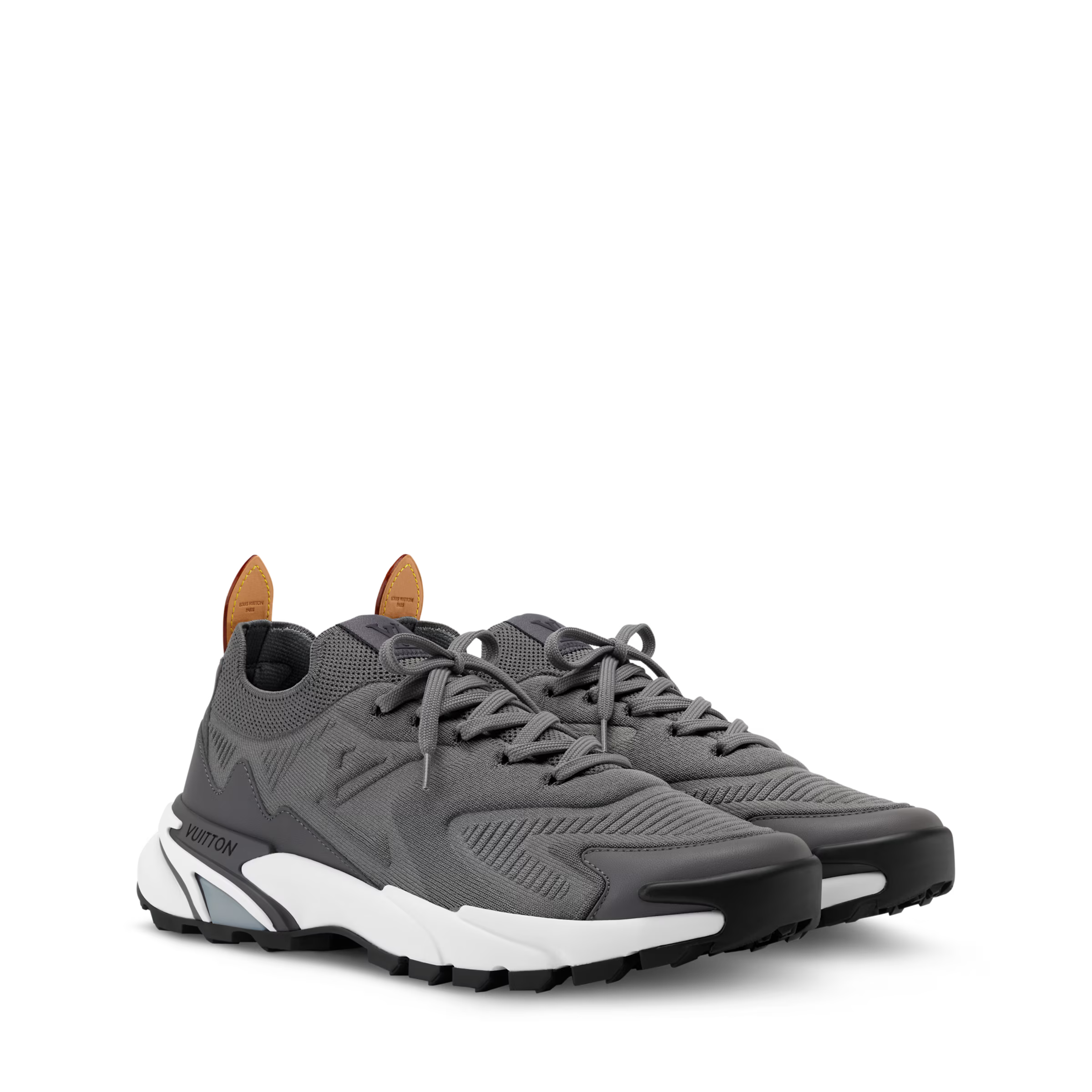 Grey lace-up runner sneakers with white sole and dark outsole