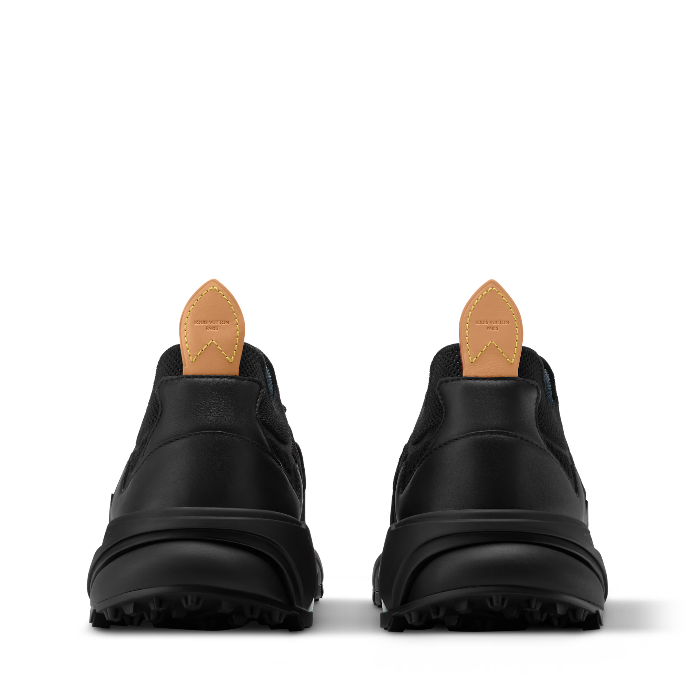 Black lace-up sneakers with tan heel tab and raised heel cup