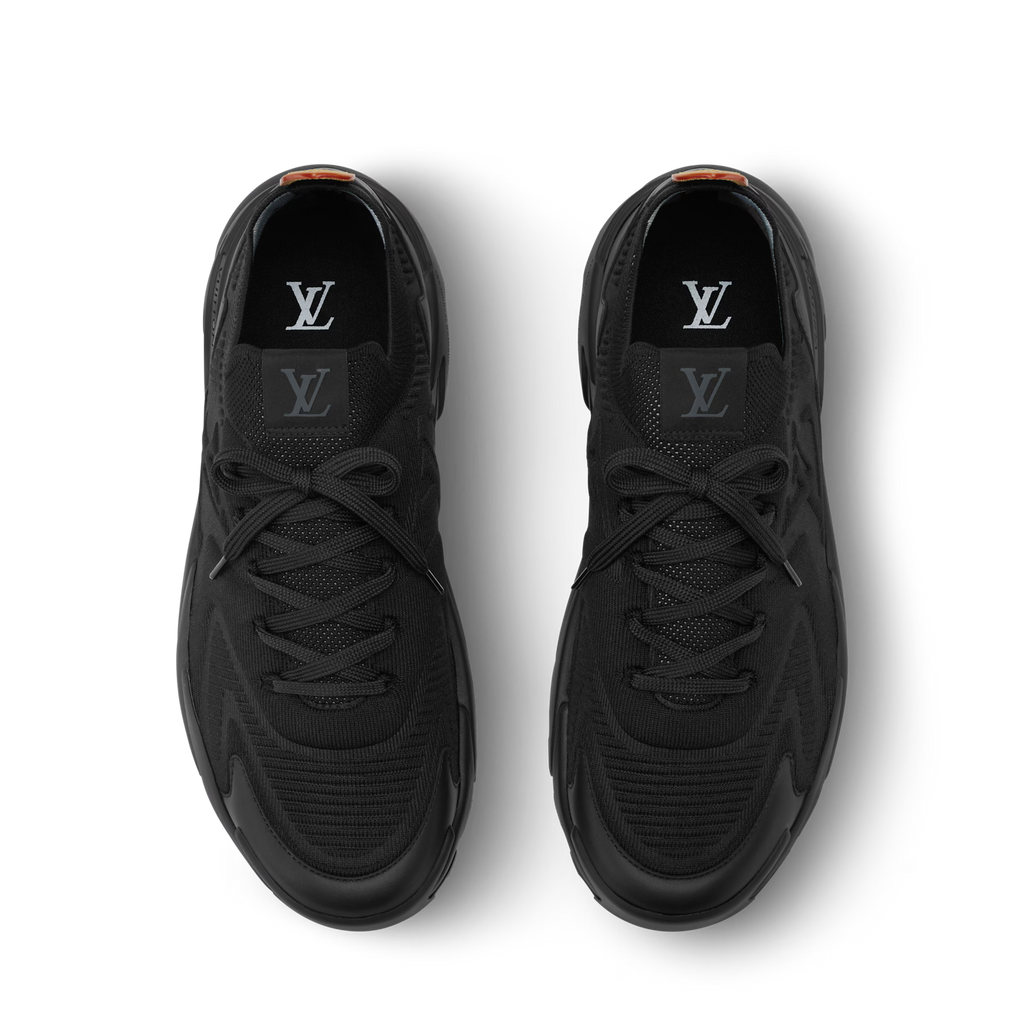 Black sneakers with lace-up front and LV logo on tongue and inner collar