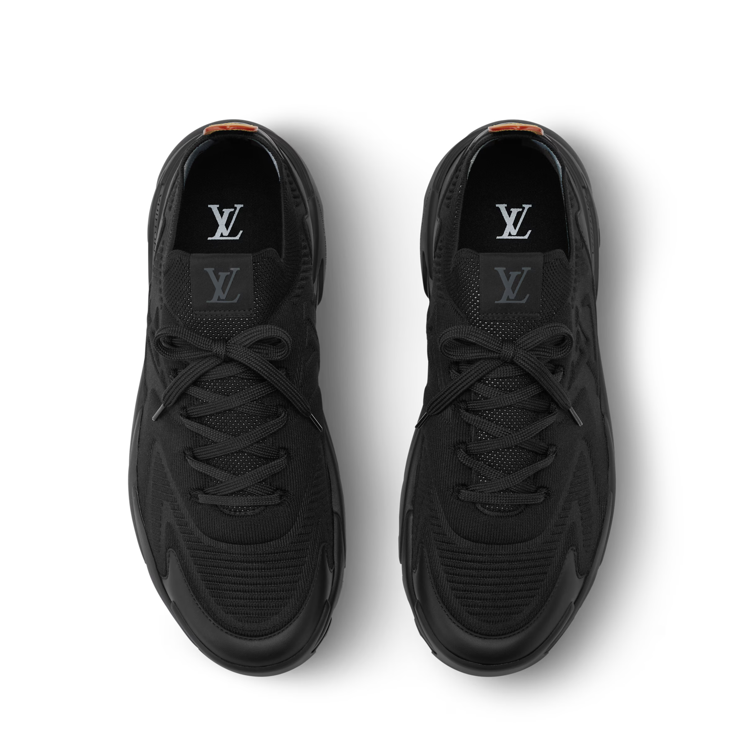 Black sneakers with lace-up front and LV logo on tongue and inner collar