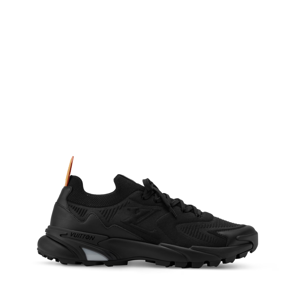 Black lace-up runner sneakers with textured panels and LV branding at the side