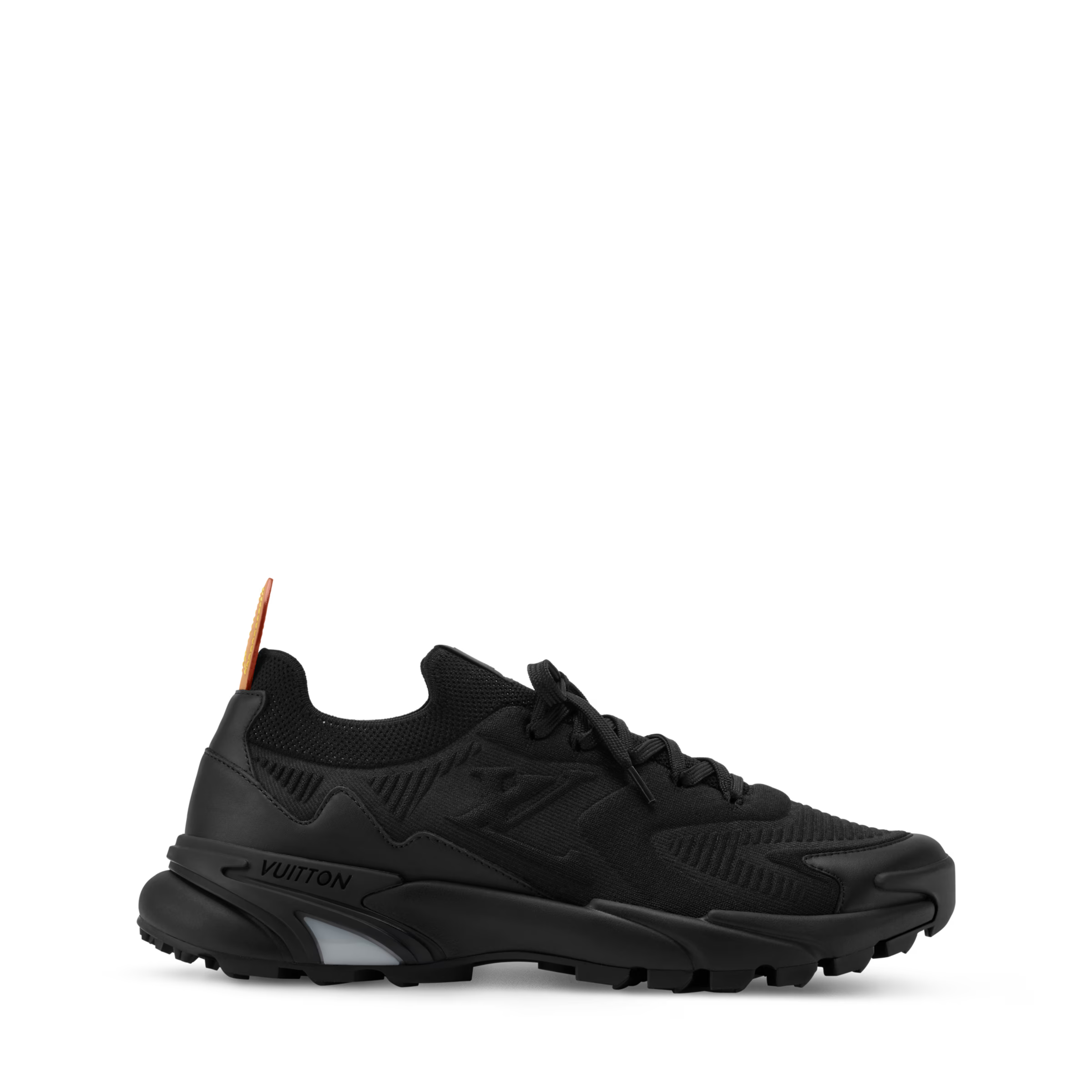 Black lace-up runner sneakers with textured panels and LV branding at the side