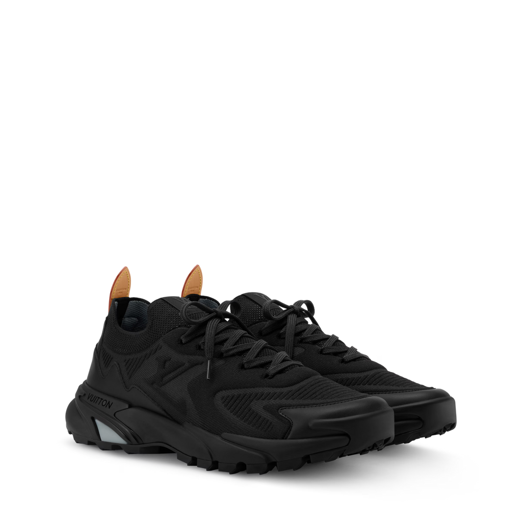 Black lace-up runner sneakers with molded texture, chunky sole and LV side logo