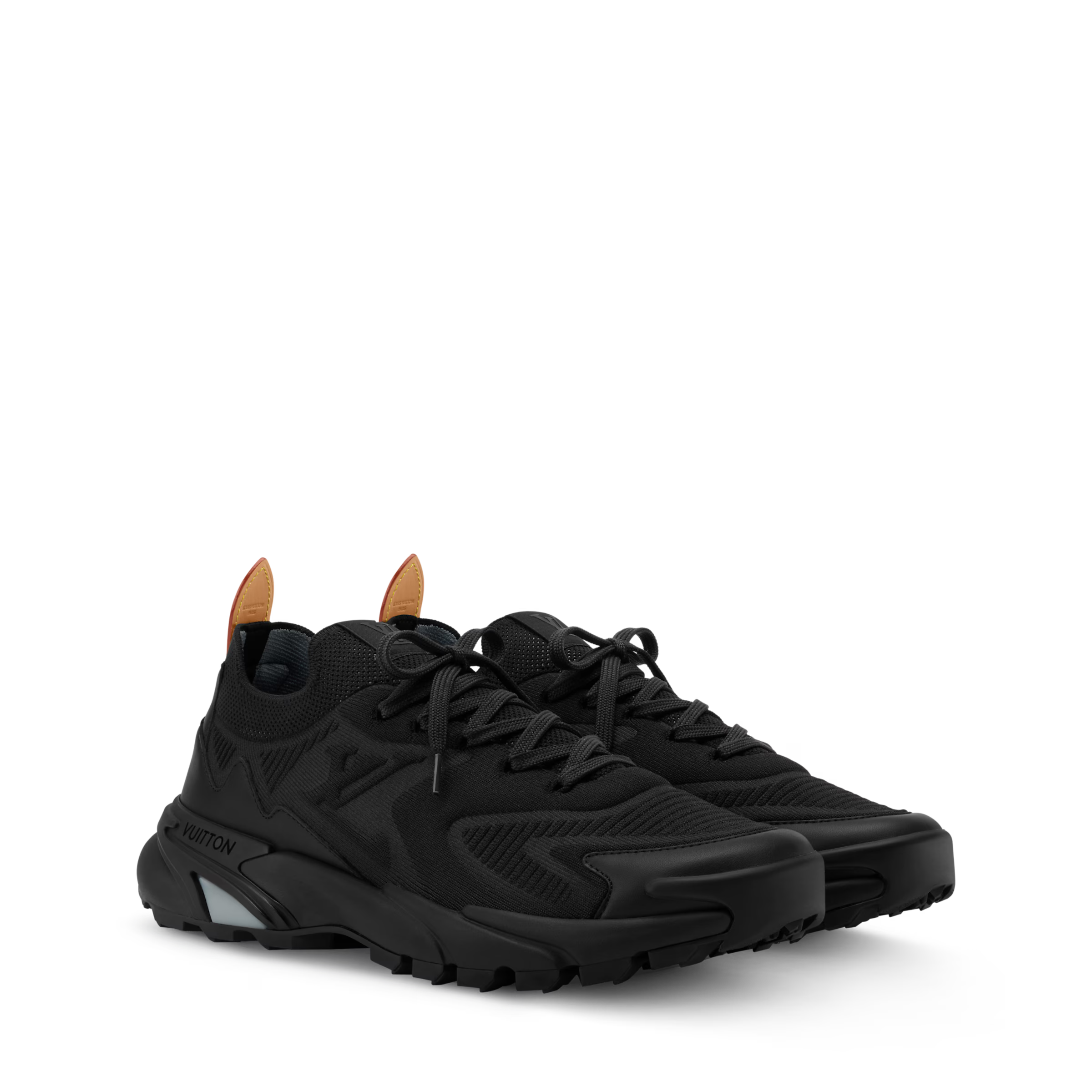 Black lace-up runner sneakers with molded texture, chunky sole and LV side logo