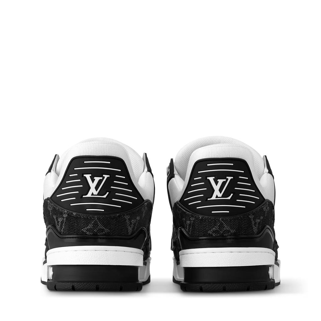 Black and white LV trainers, rear view with VUITTON logo and cushioned heel