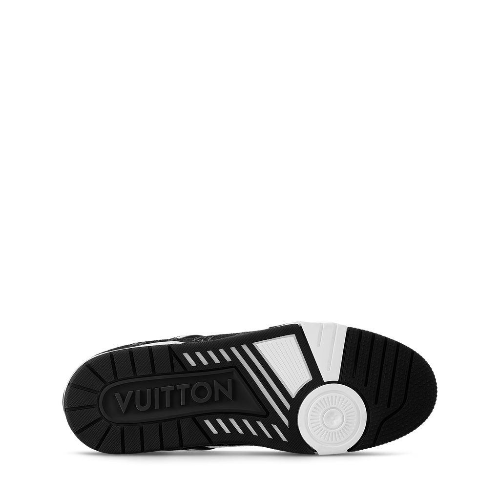 Black outsole of LV trainers with VUITTON logo and visible tread pattern