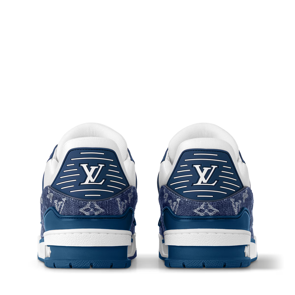 LV trainers, back view: white and navy heel, blue trim, lace-up style.