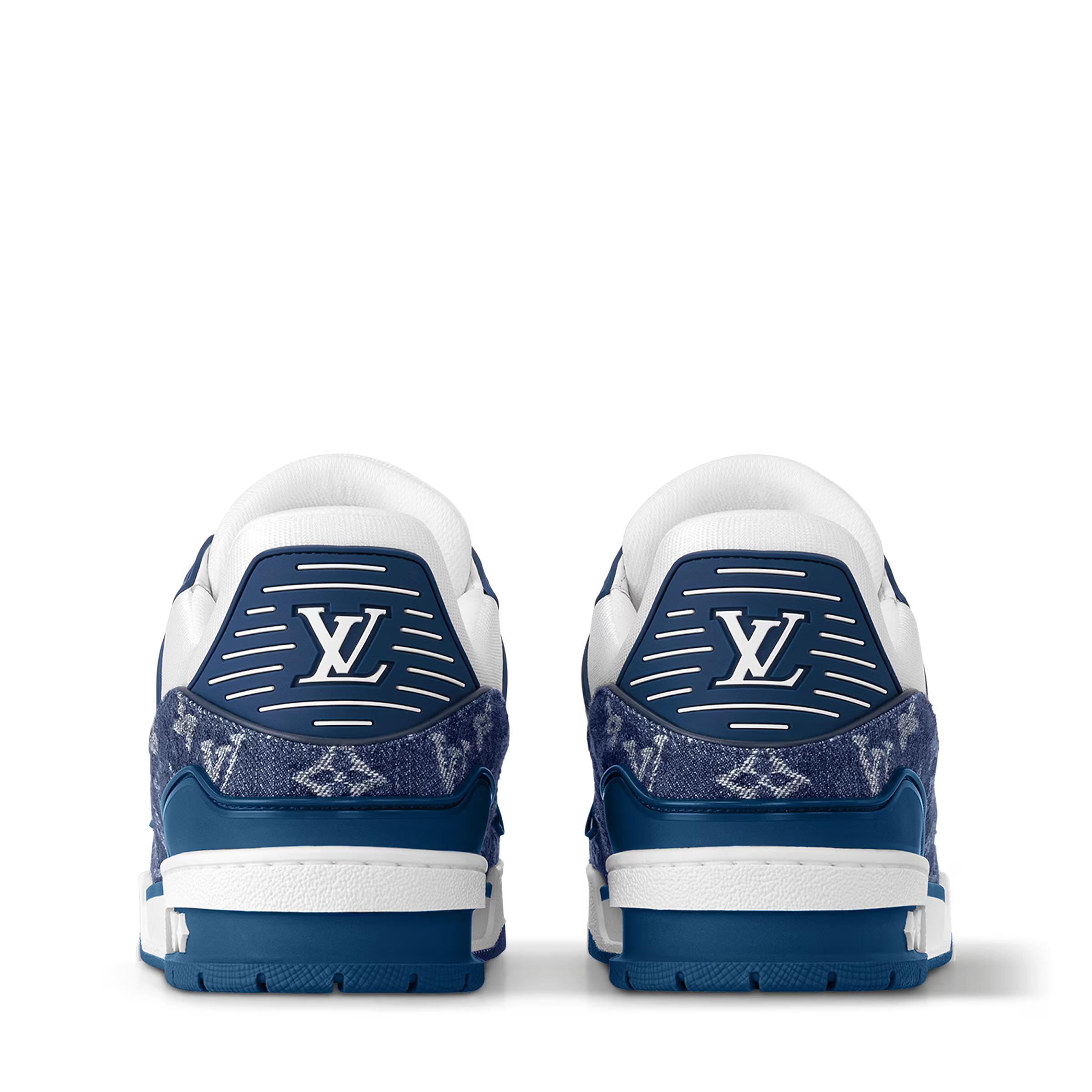LV trainers, back view: white and navy heel, blue trim, lace-up style.