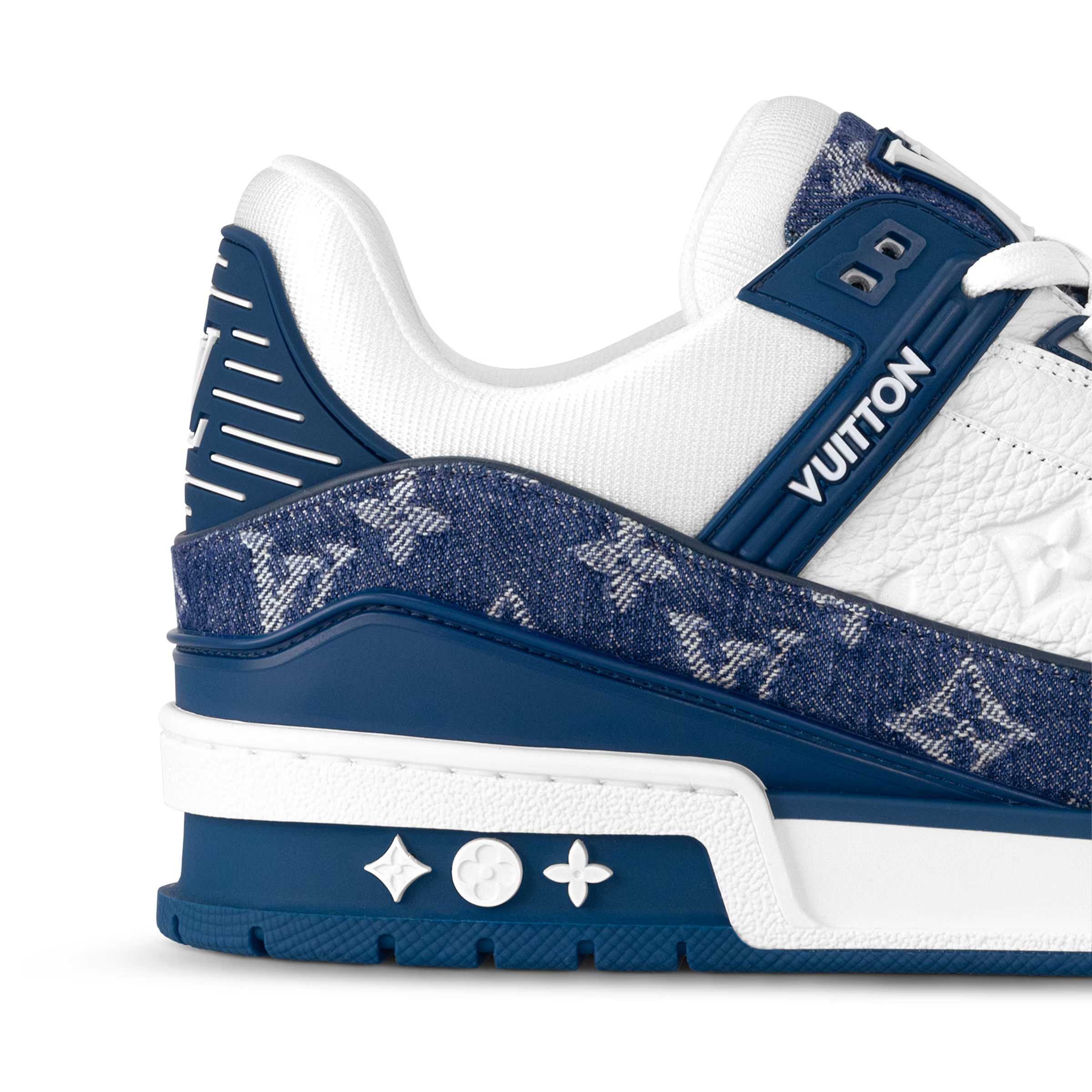 LV trainers with navy-and-white upper, textured monogram side, and blue midsole.