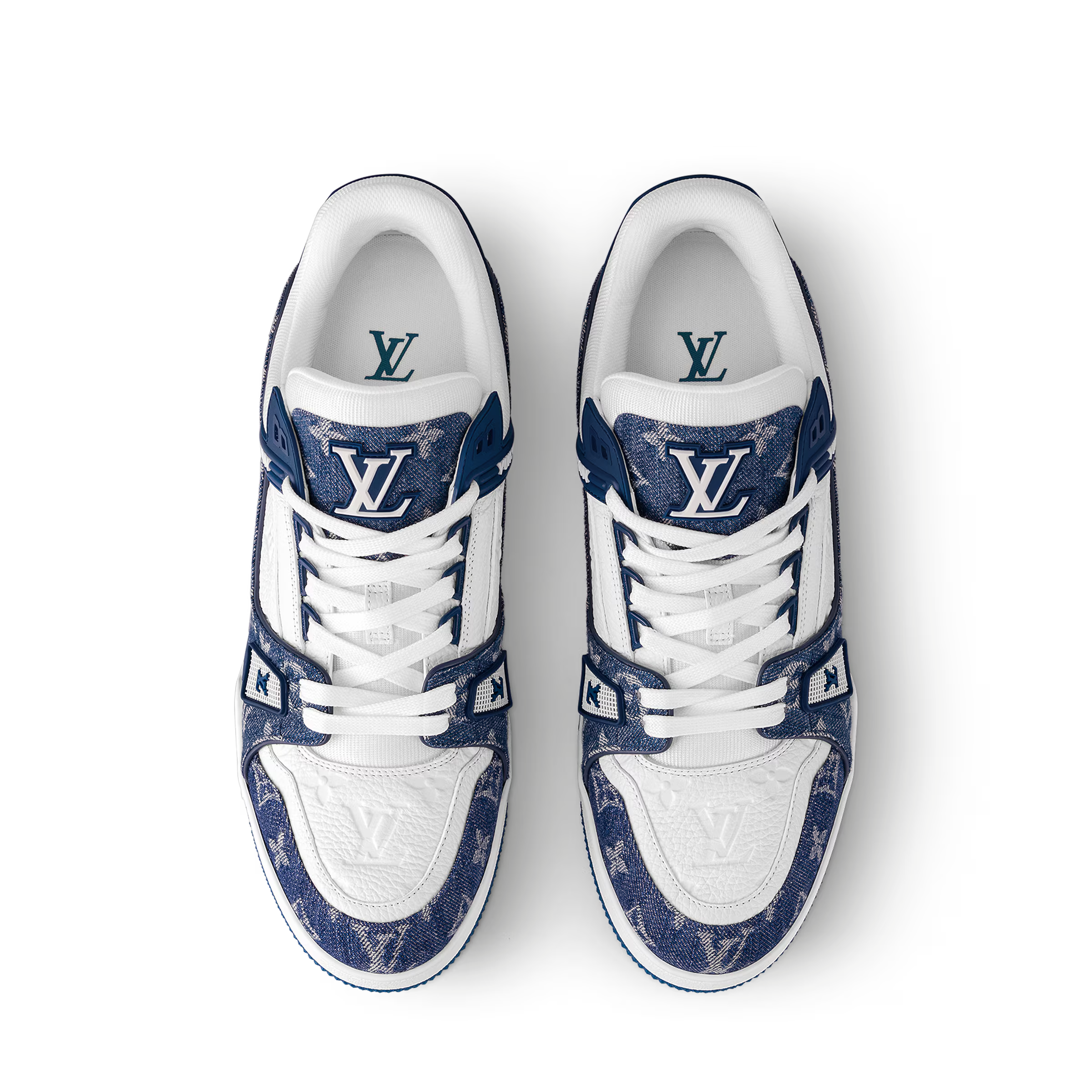 LV trainers, pair front view: white uppers, navy monogram overlays, and blue heel.