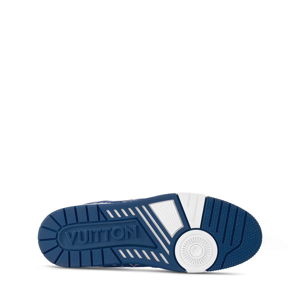 LV trainers outsole view: blue tread with molded logo and circular traction details.