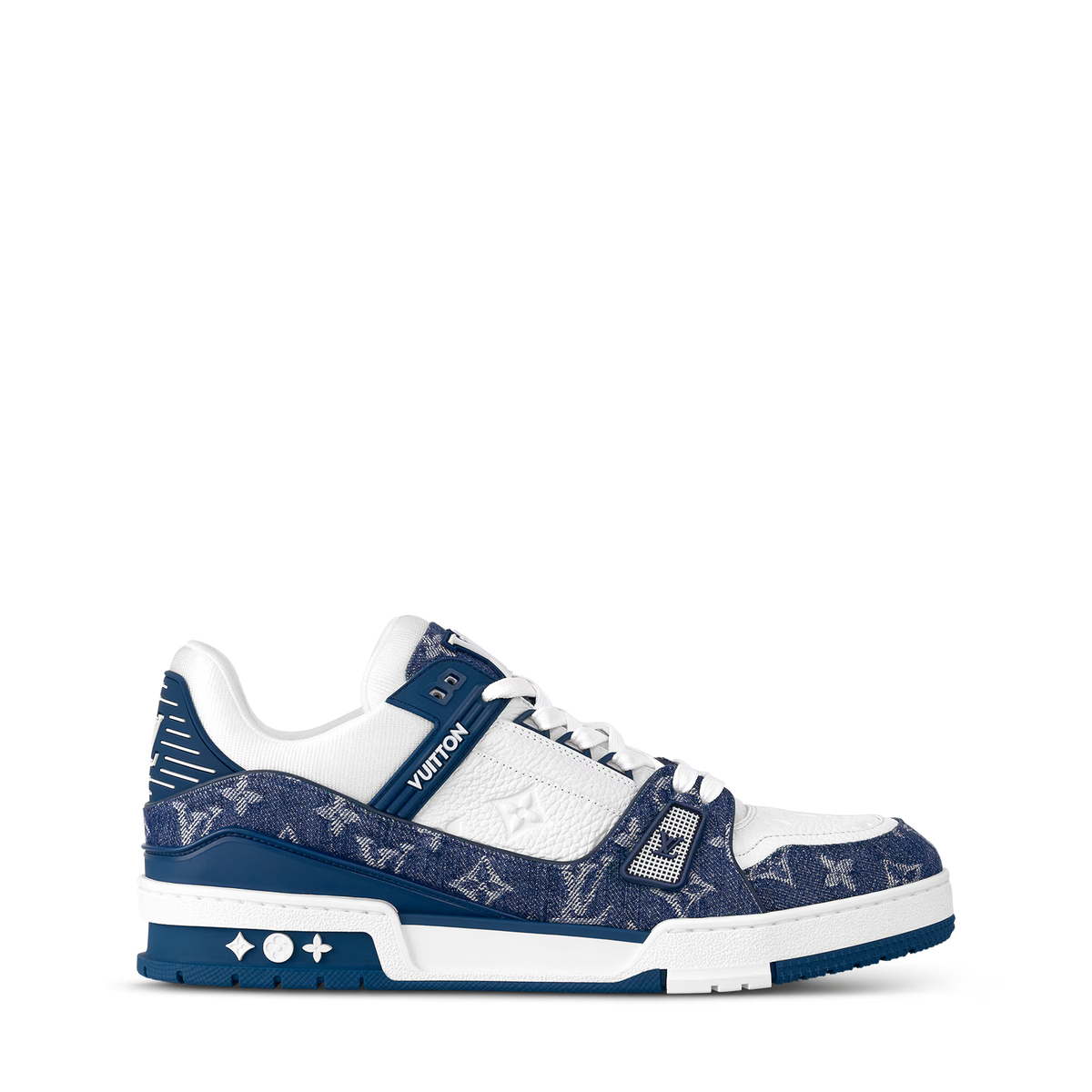 LV trainers, angled side view: navy-and-white monogram upper with blue outsole.