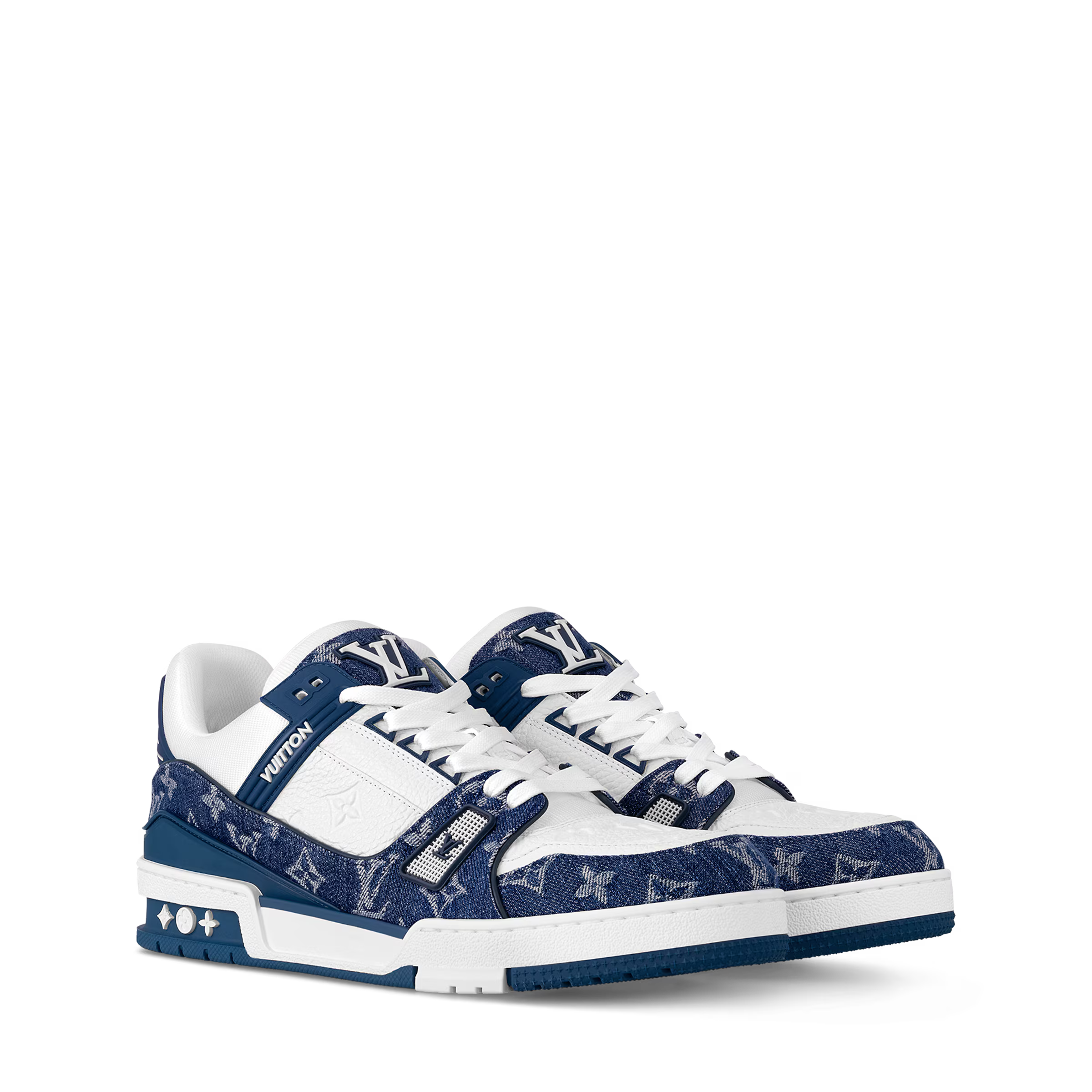 LV trainers with white leather panels, navy monogram canvas, and blue rubber sole.