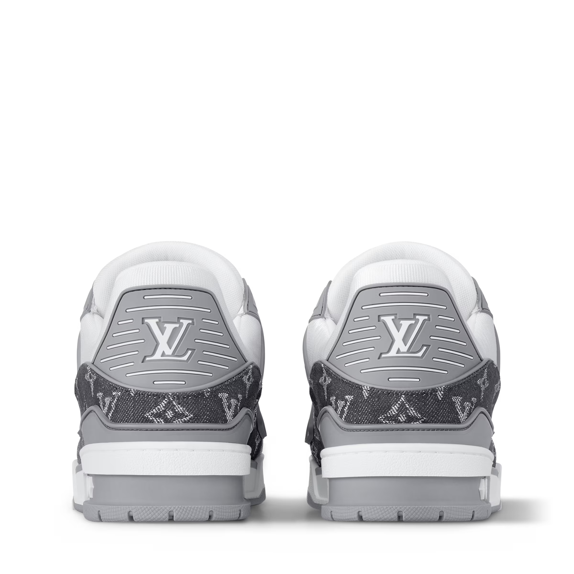 LV trainers heel view, dark monogram uppers, white midsoles, padded heel