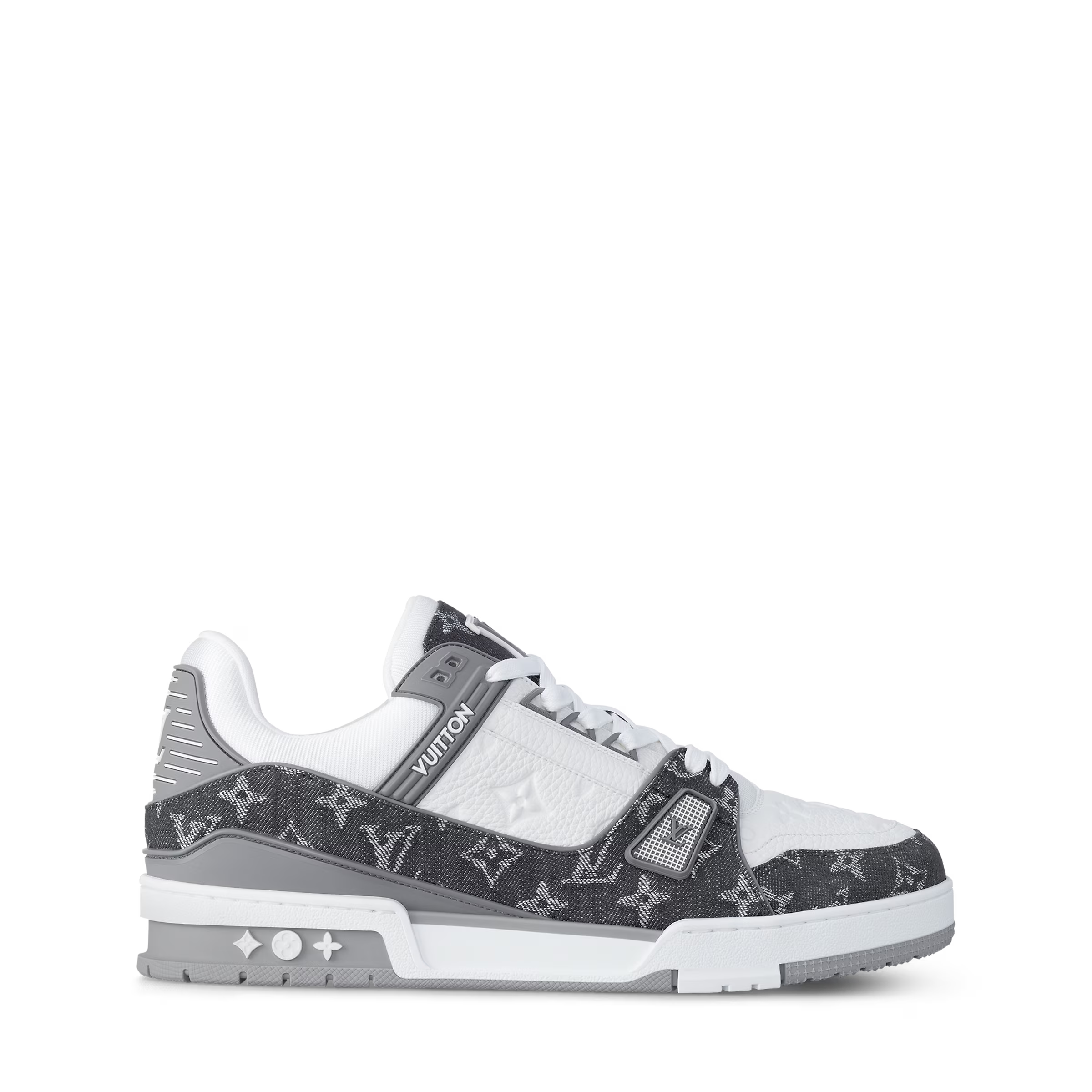 LV trainers side view, dark monogram canvas, white leather panels, lace-up