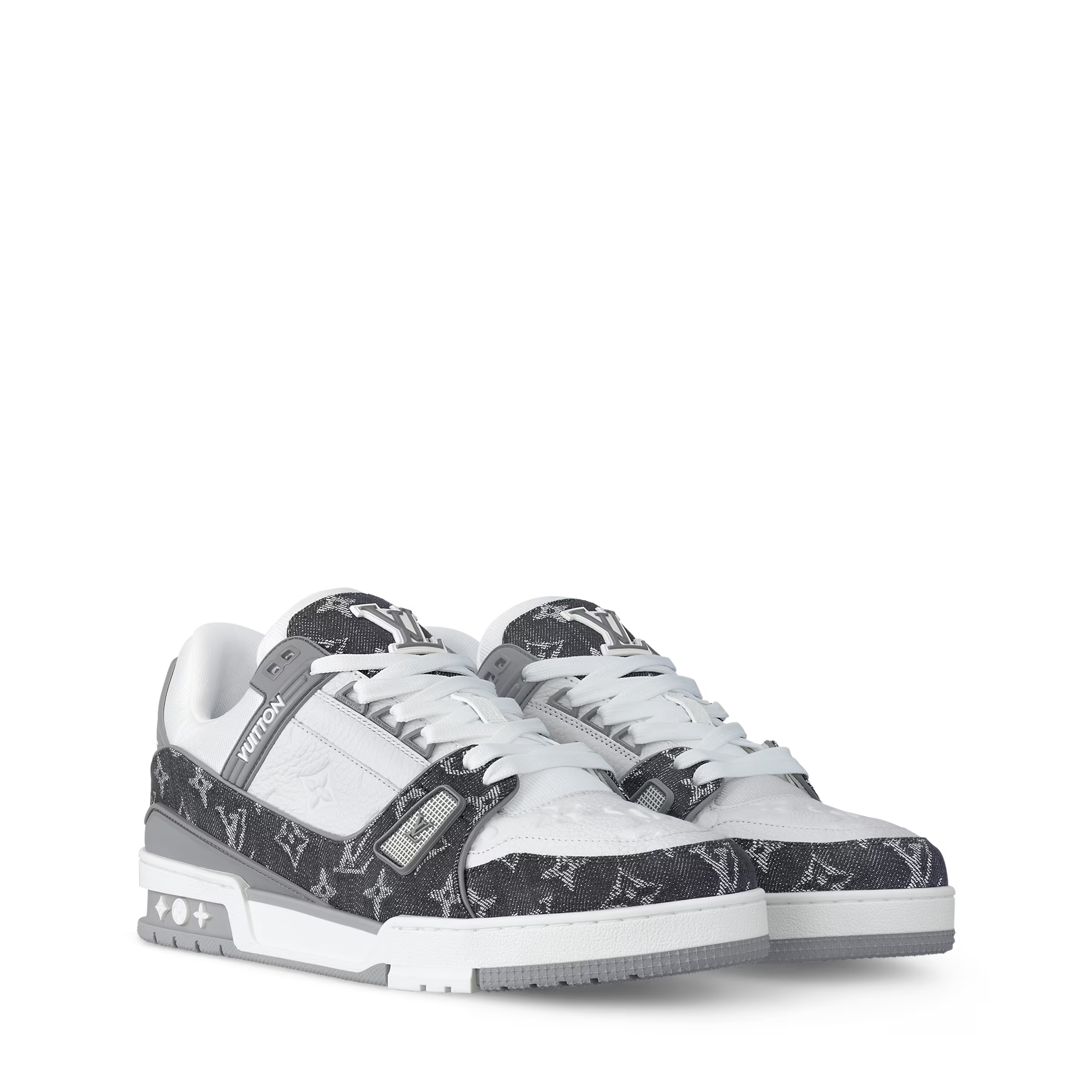 LV trainers, white and dark monogram canvas, lace-up, chunky sole