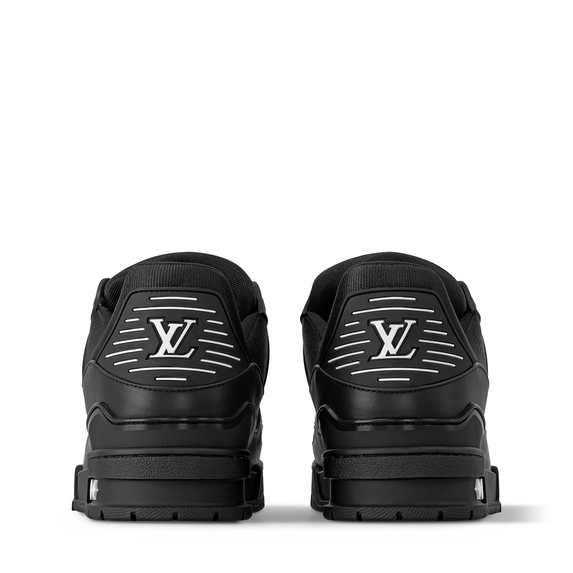 Black trainer sneakers with LV logo on heel and white side stripe details