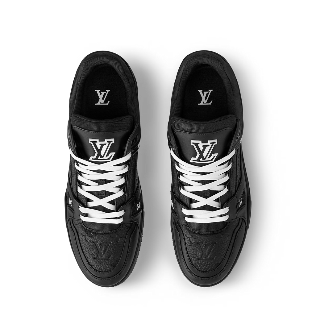 Black trainer sneakers with white lace crisscross and LV logos on tongue and sides
