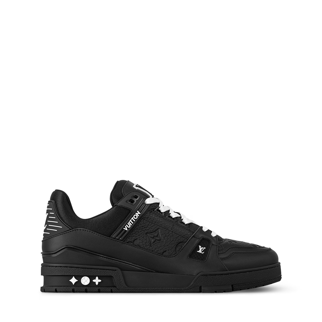 Black leather trainer sneaker with white laces, side LV emblem, chunky sole