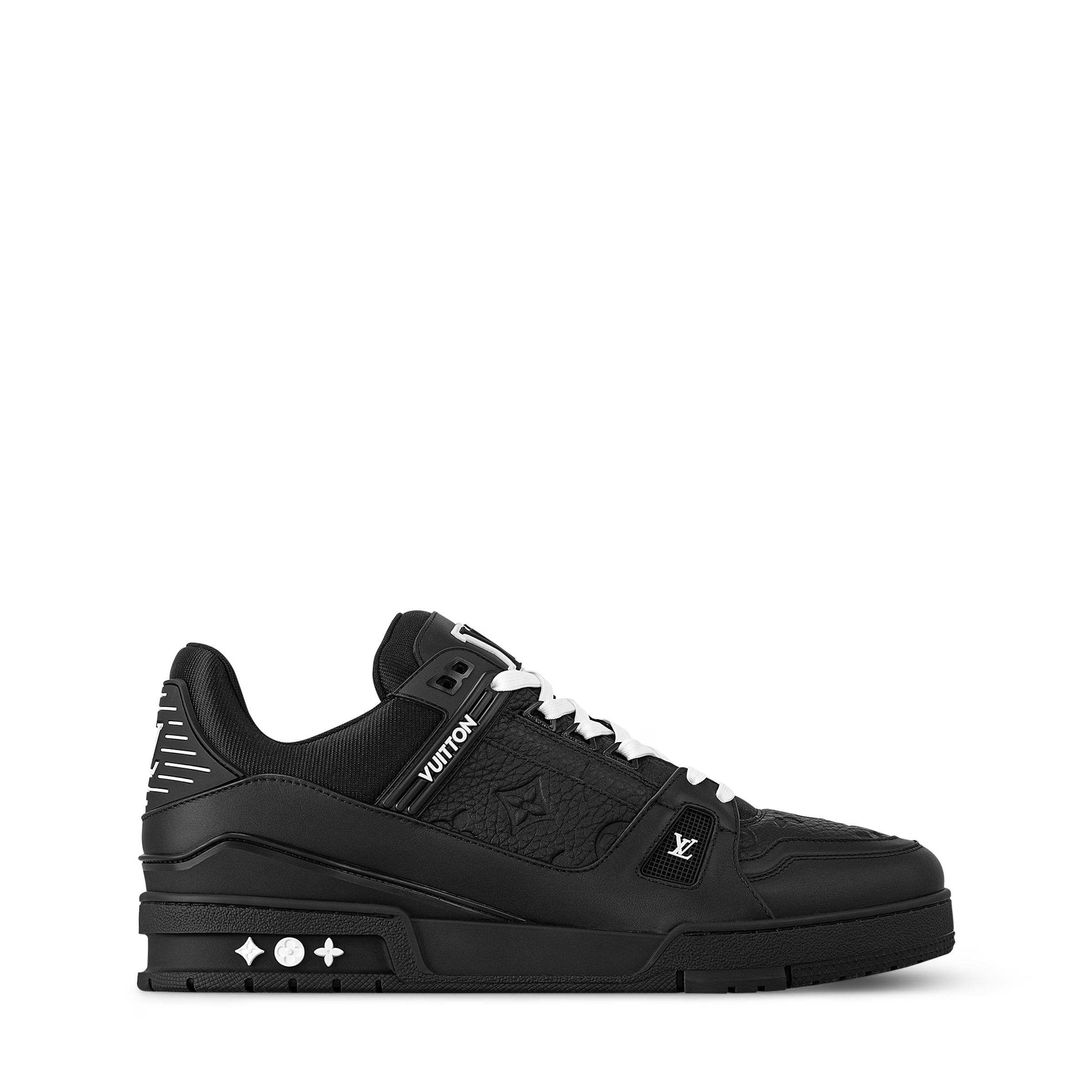 Black leather trainer sneaker with white laces, side LV emblem, chunky sole